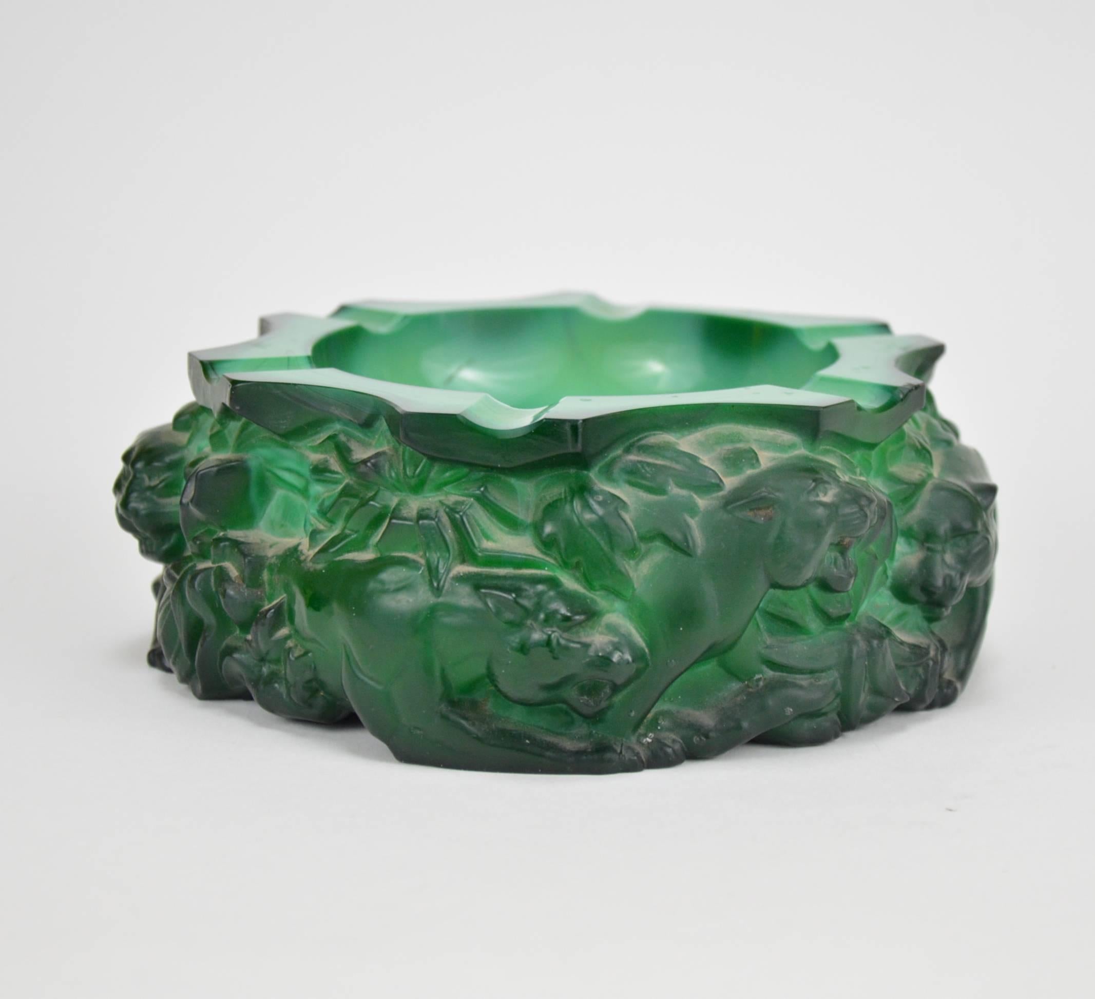 Czech Art Deco Green Malachite Style Bohemian Glass Ashtray