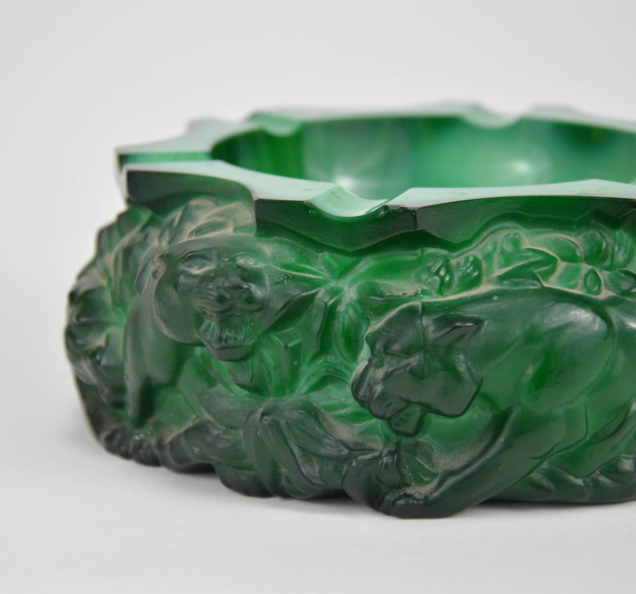 Art Glass Art Deco Green Malachite Style Bohemian Glass Ashtray