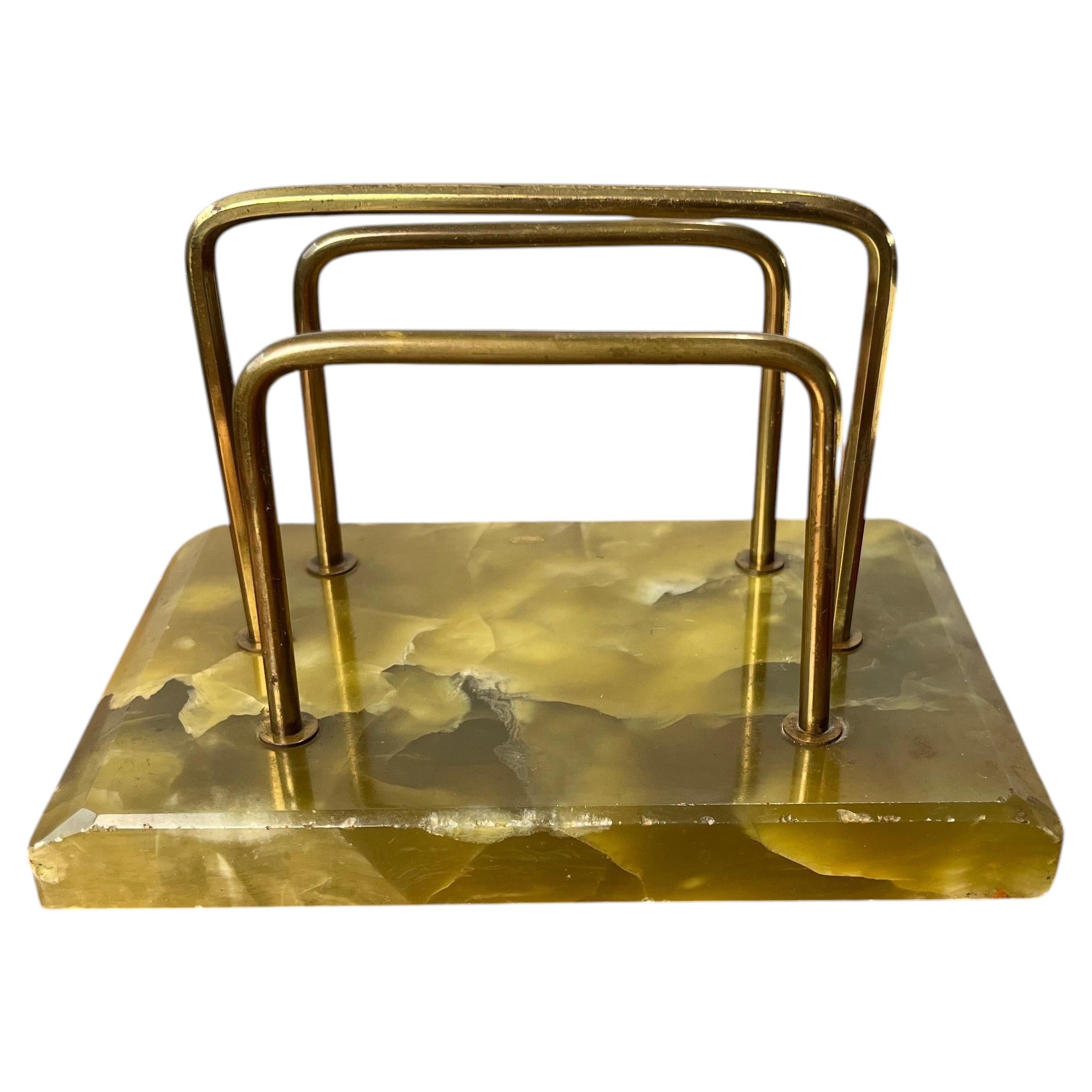 Portacarte da scrivania in marmo verde e ottone in stile Art Deco