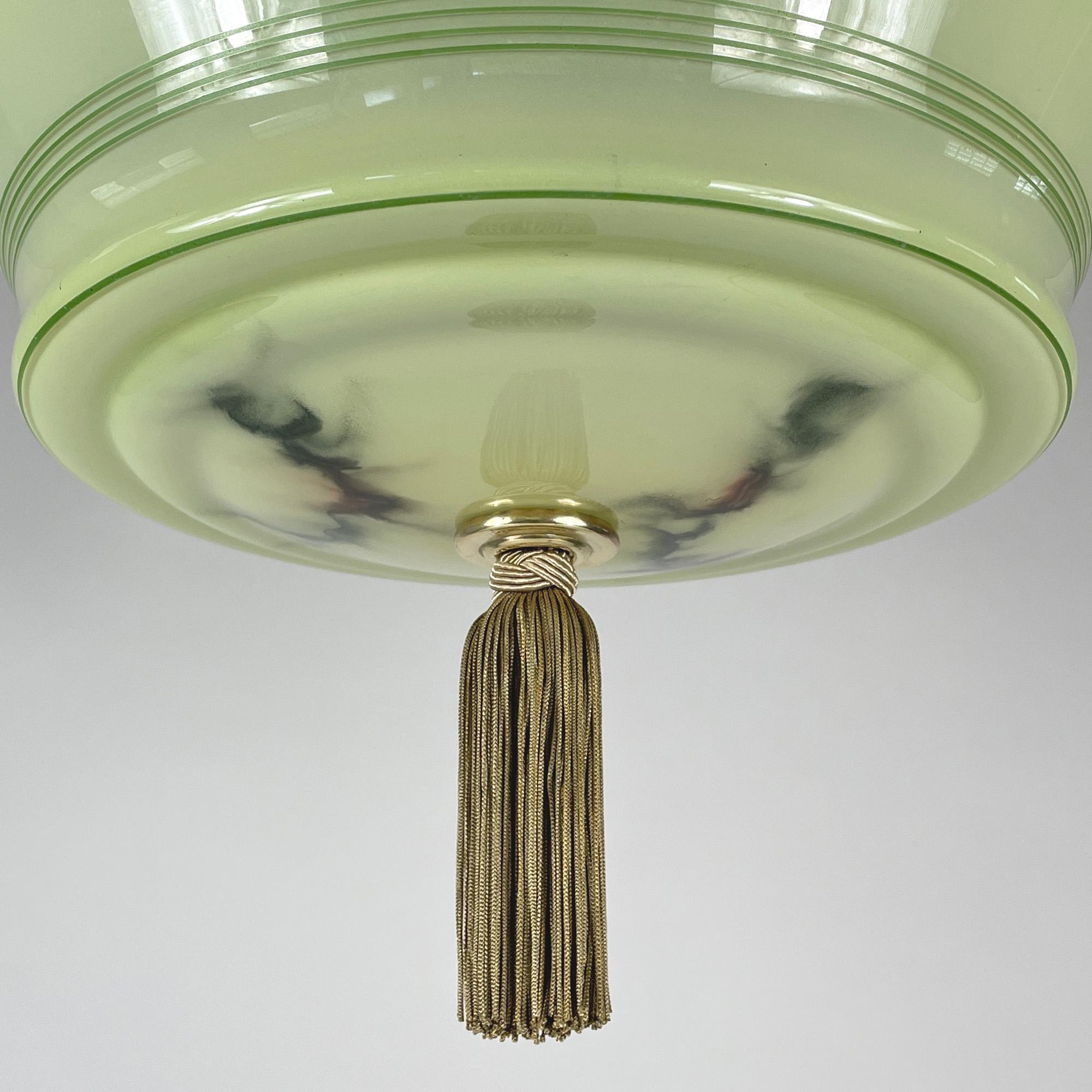 Art Deco Green Marbled & Brass Pendant with Tassel, Germany 1930s 5