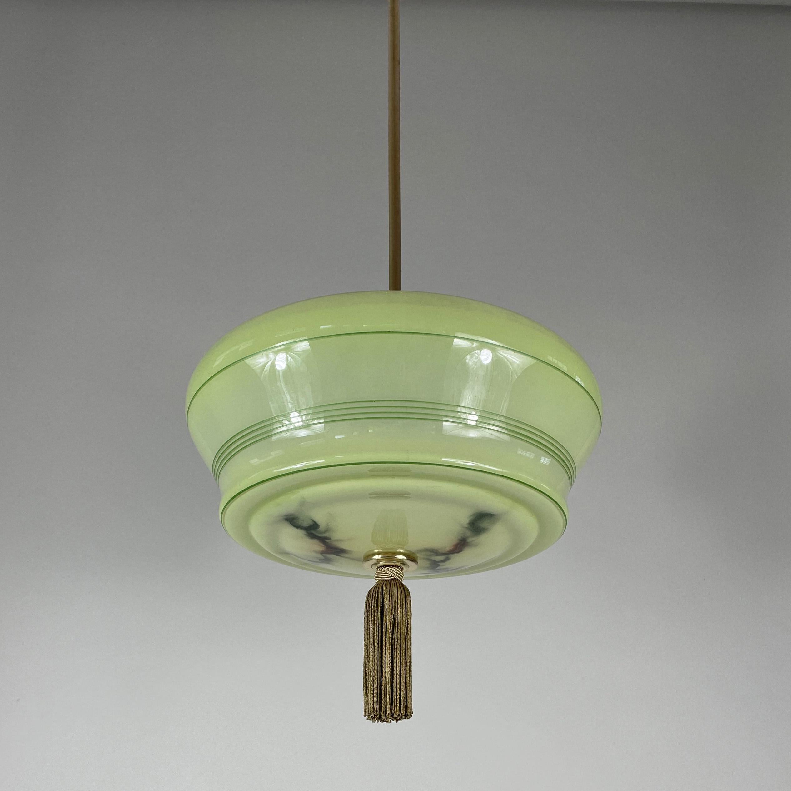 Art Deco Green Marbled & Brass Pendant with Tassel, Germany 1930s 7