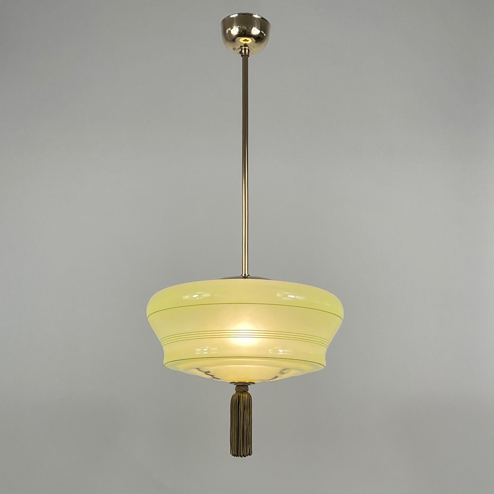 Mid-20th Century Art Deco Green Marbled & Brass Pendant with Tassel, Germany 1930s