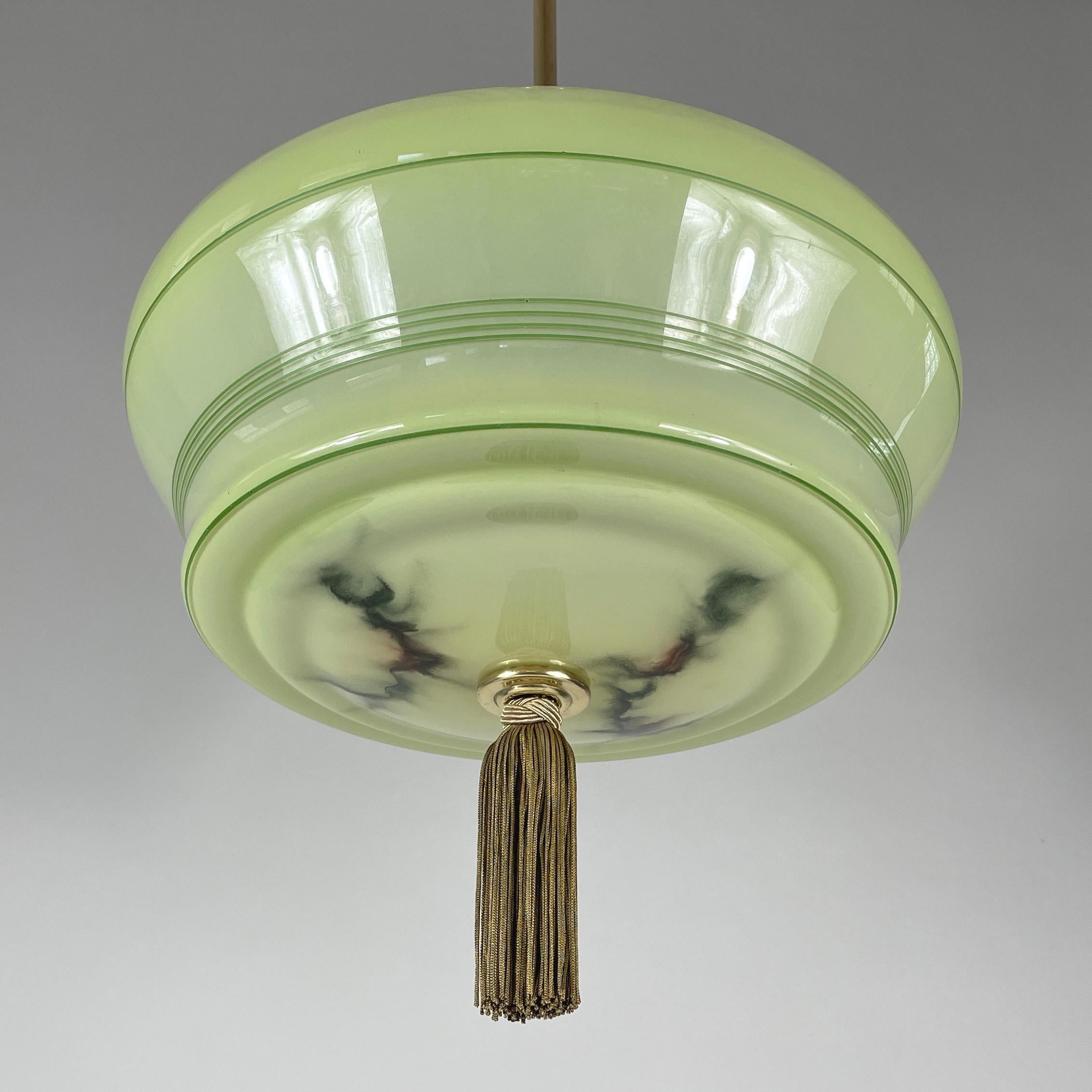 Opaline Glass Art Deco Green Marbled & Brass Pendant with Tassel, Germany 1930s