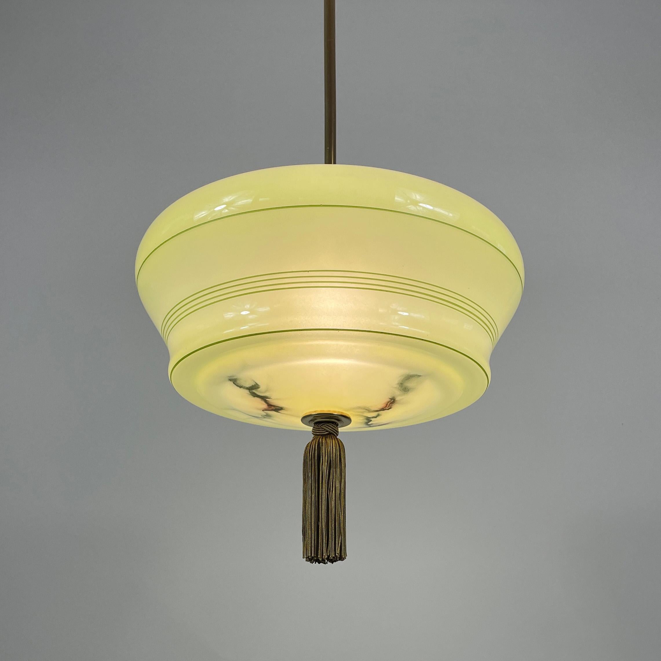 Art Deco Green Marbled & Brass Pendant with Tassel, Germany 1930s 1