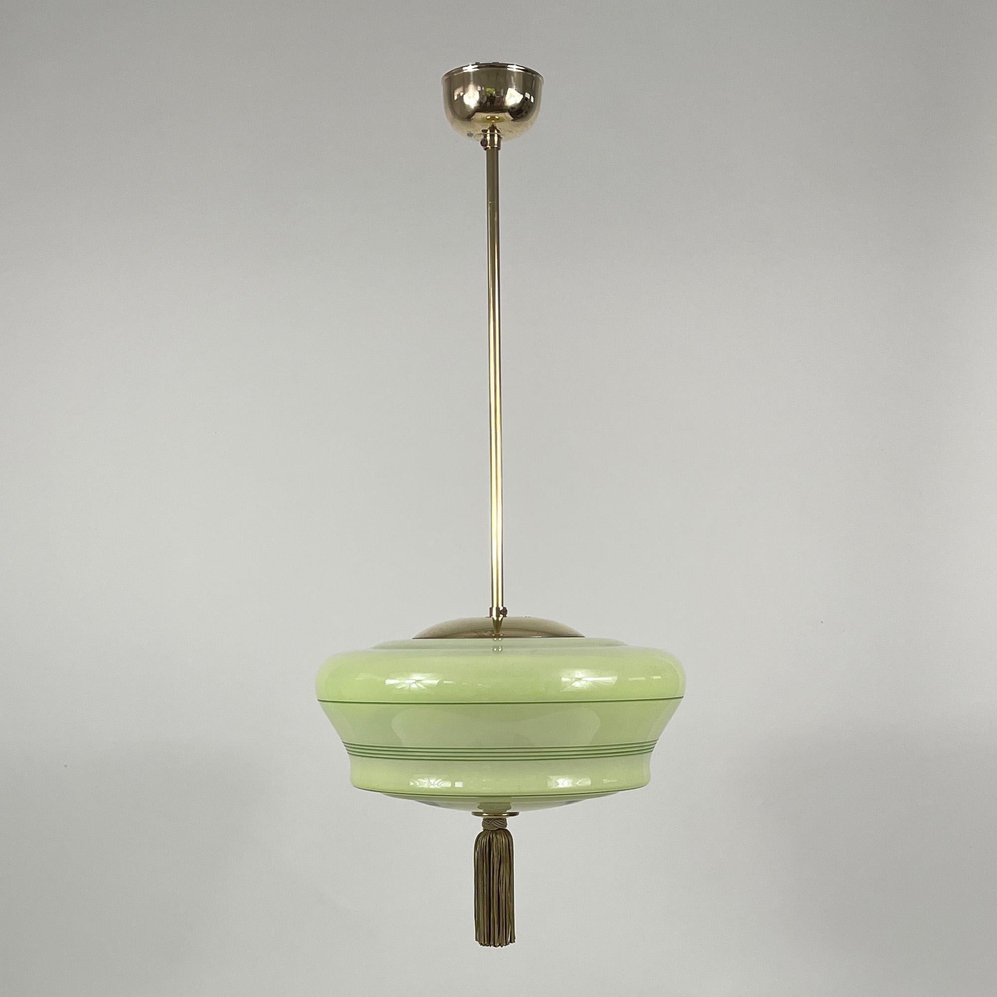 Art Deco Green Marbled & Brass Pendant with Tassel, Germany 1930s 3