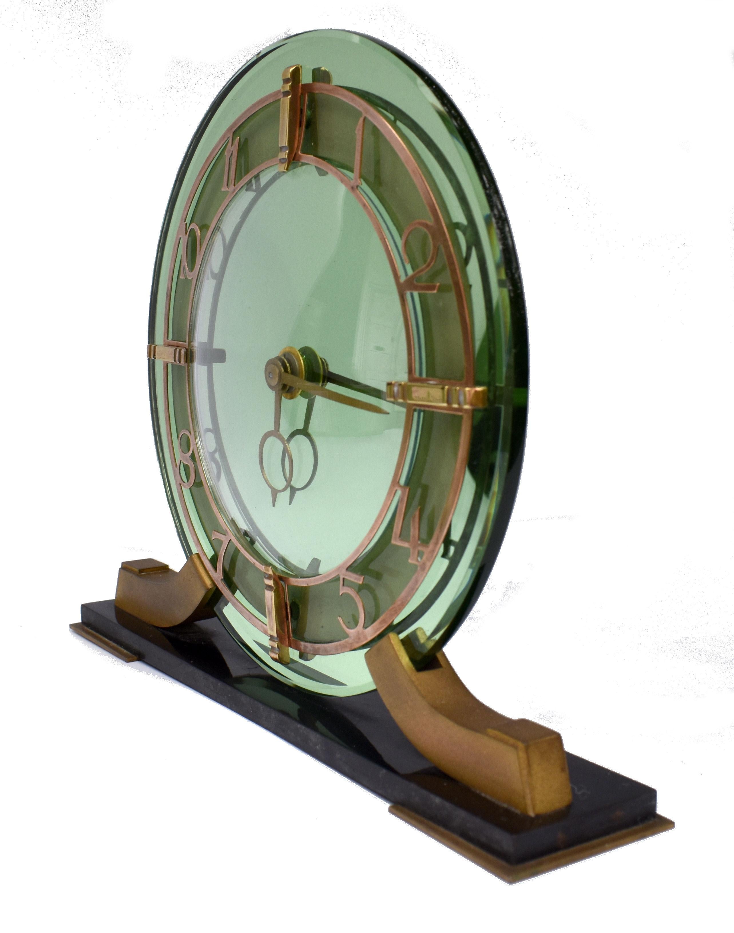 Art Deco Green Mirror Clock by Smiths Clock Company, c1930 In Good Condition In Devon, England