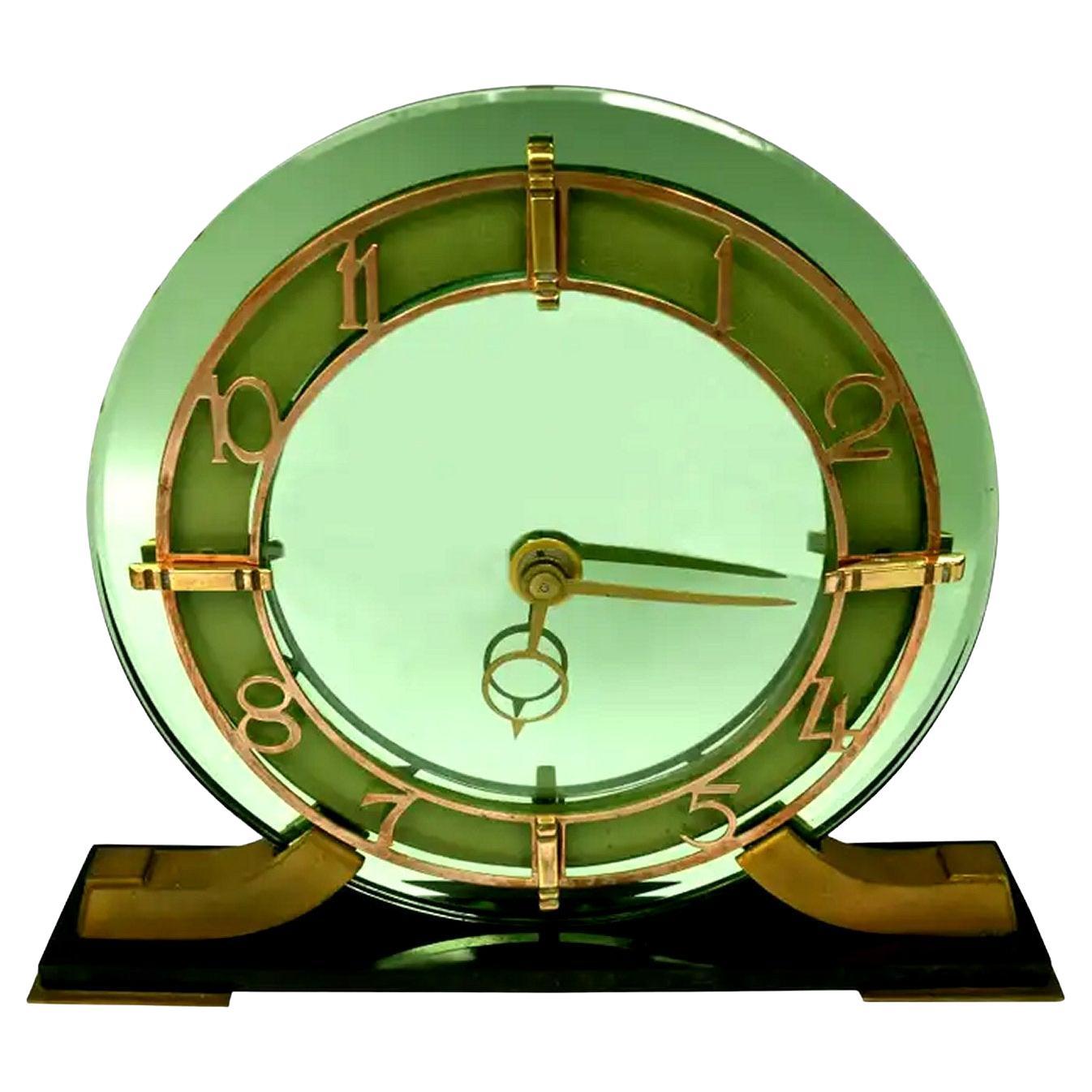 Art Deco Green Mirror Glass Mantle Clock by Smiths Clock Company, c1930
