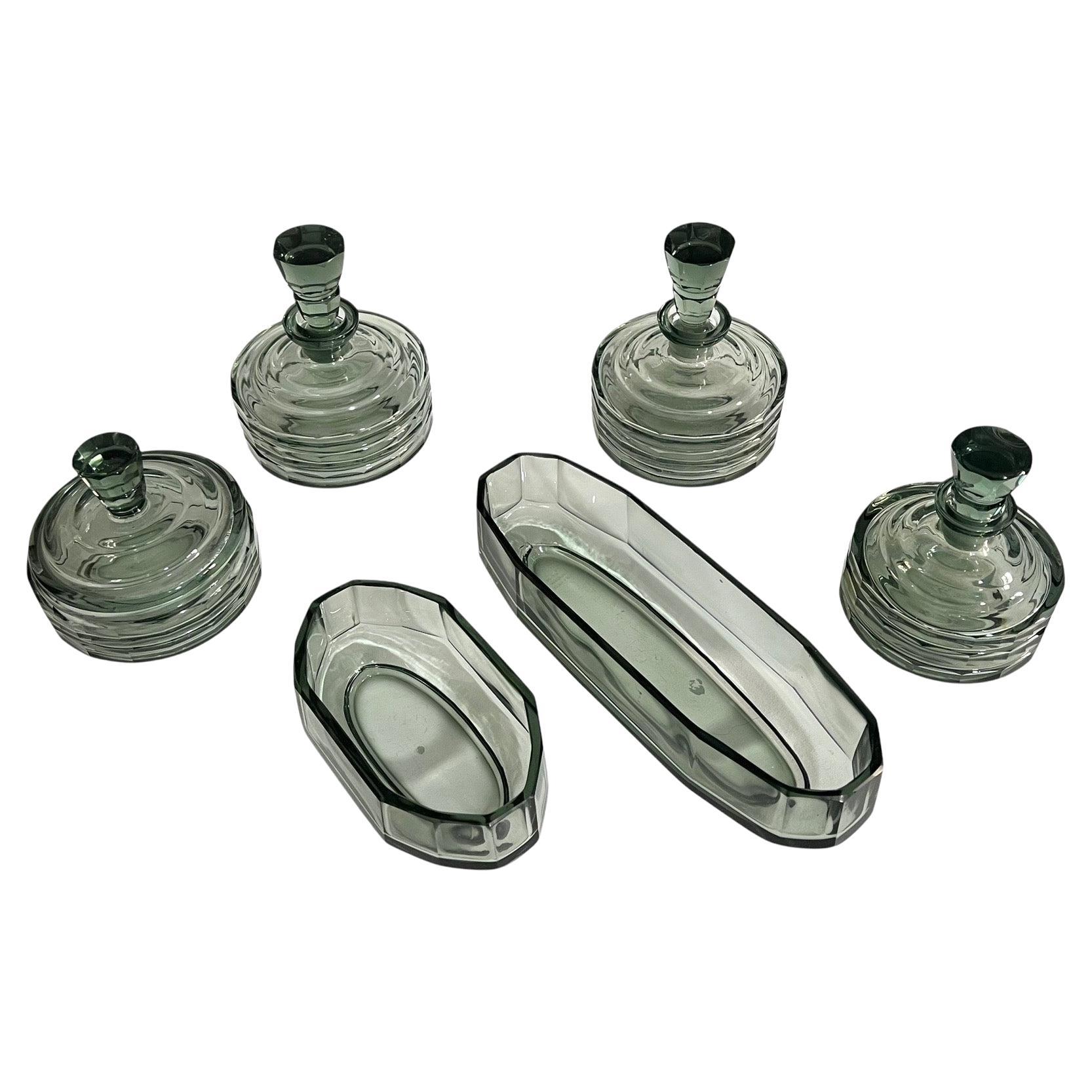 Art Deco green molded glass toilet set – Czechoslovakia, circa 1930