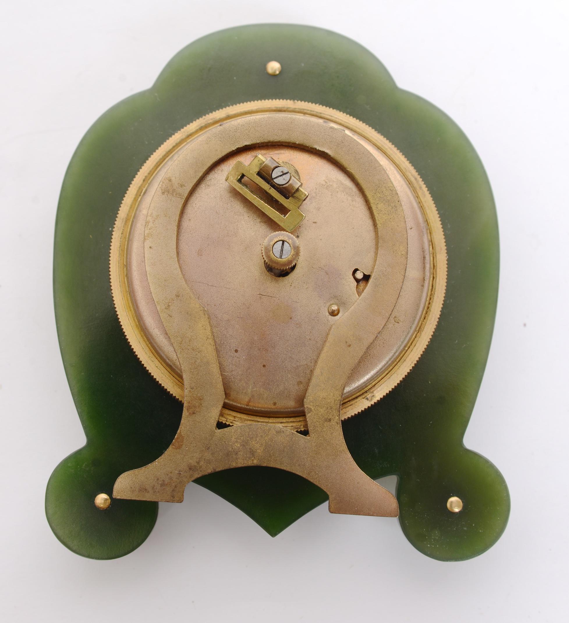 Carved Art Deco Green Nephrite Jade Eight Day Desk Clock, circa 1920