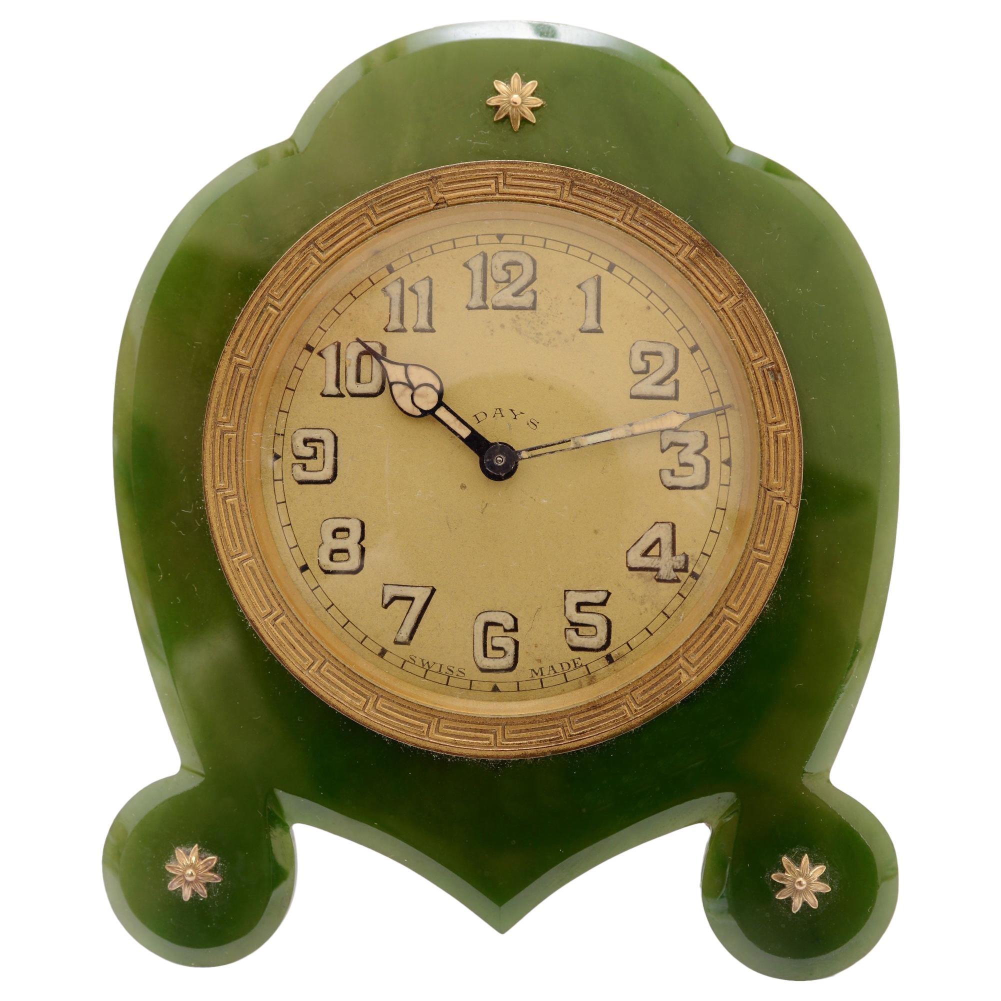Art Deco Green Nephrite Jade Eight Day Desk Clock, circa 1920