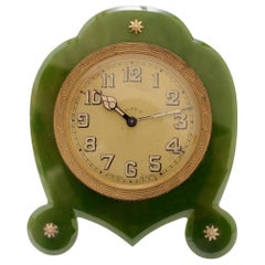 Antique Art Deco Green Nephrite Jade Eight Day Desk Clock, circa 1920