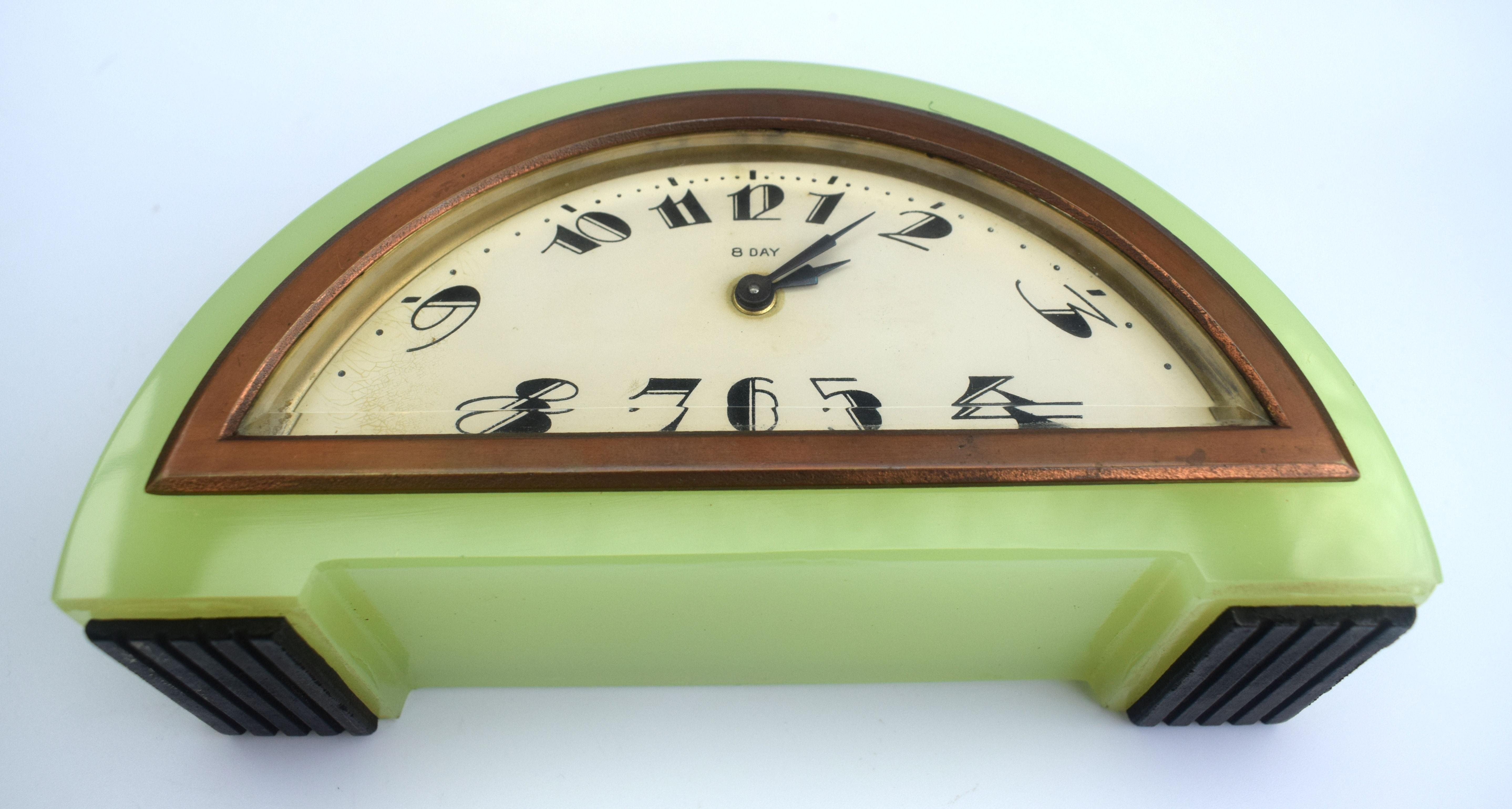 European Art Deco Green Onyx 8 Day Mantle Clock, c1930