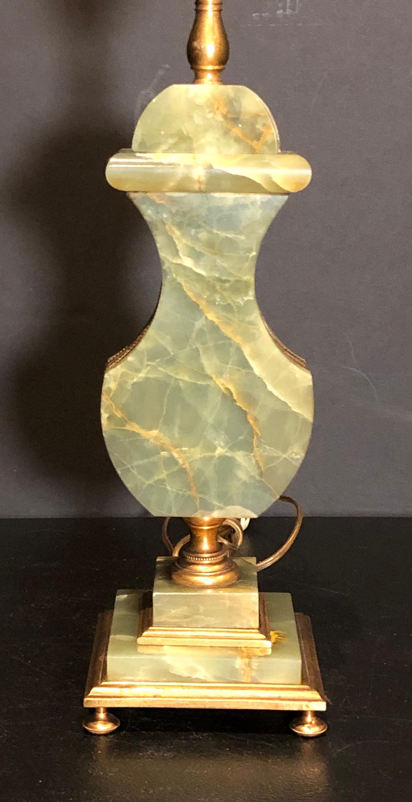 French Art Deco Green Onyx and Bronze Lamp