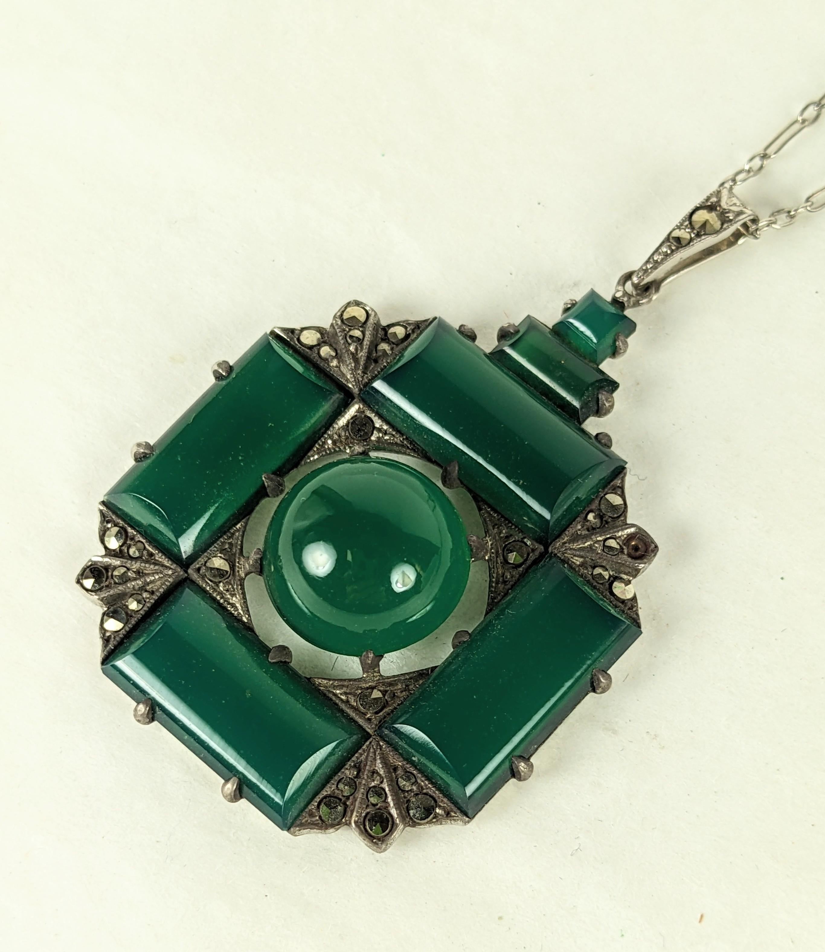 Mixed Cut Art Deco Green Onyx and Marcasite Pendant, Wachenheimer  For Sale