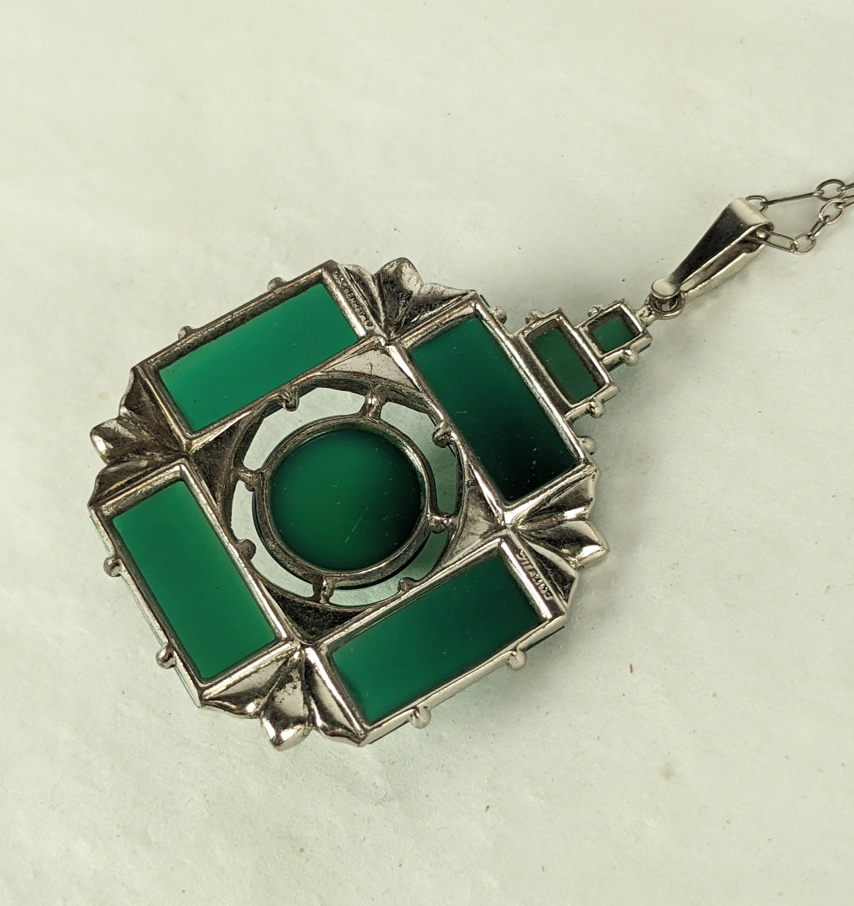 Art Deco Green Onyx and Marcasite Pendant, Wachenheimer  In Excellent Condition For Sale In New York, NY
