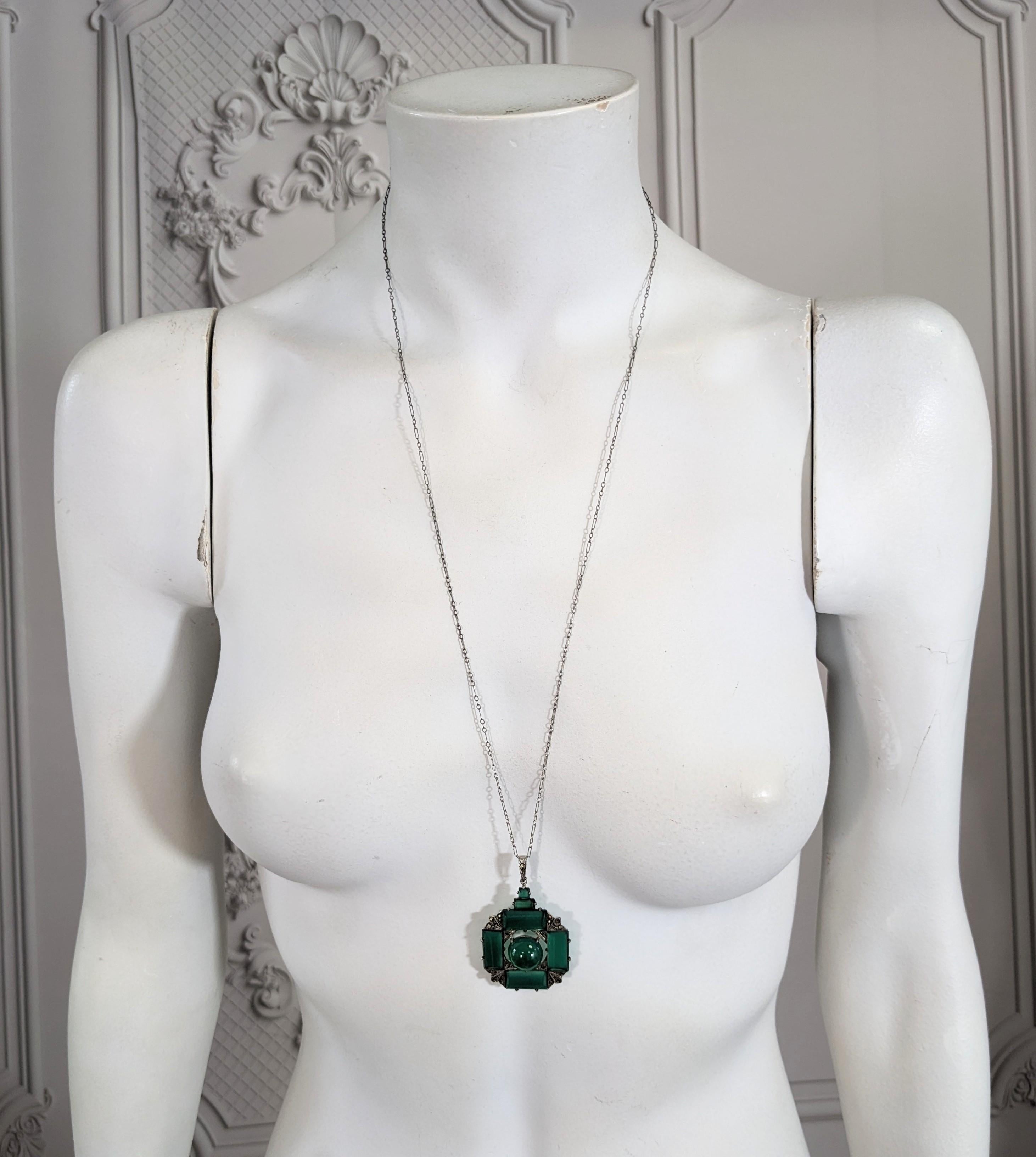 Art Deco Green Onyx and Marcasite Pendant, Wachenheimer  For Sale 1