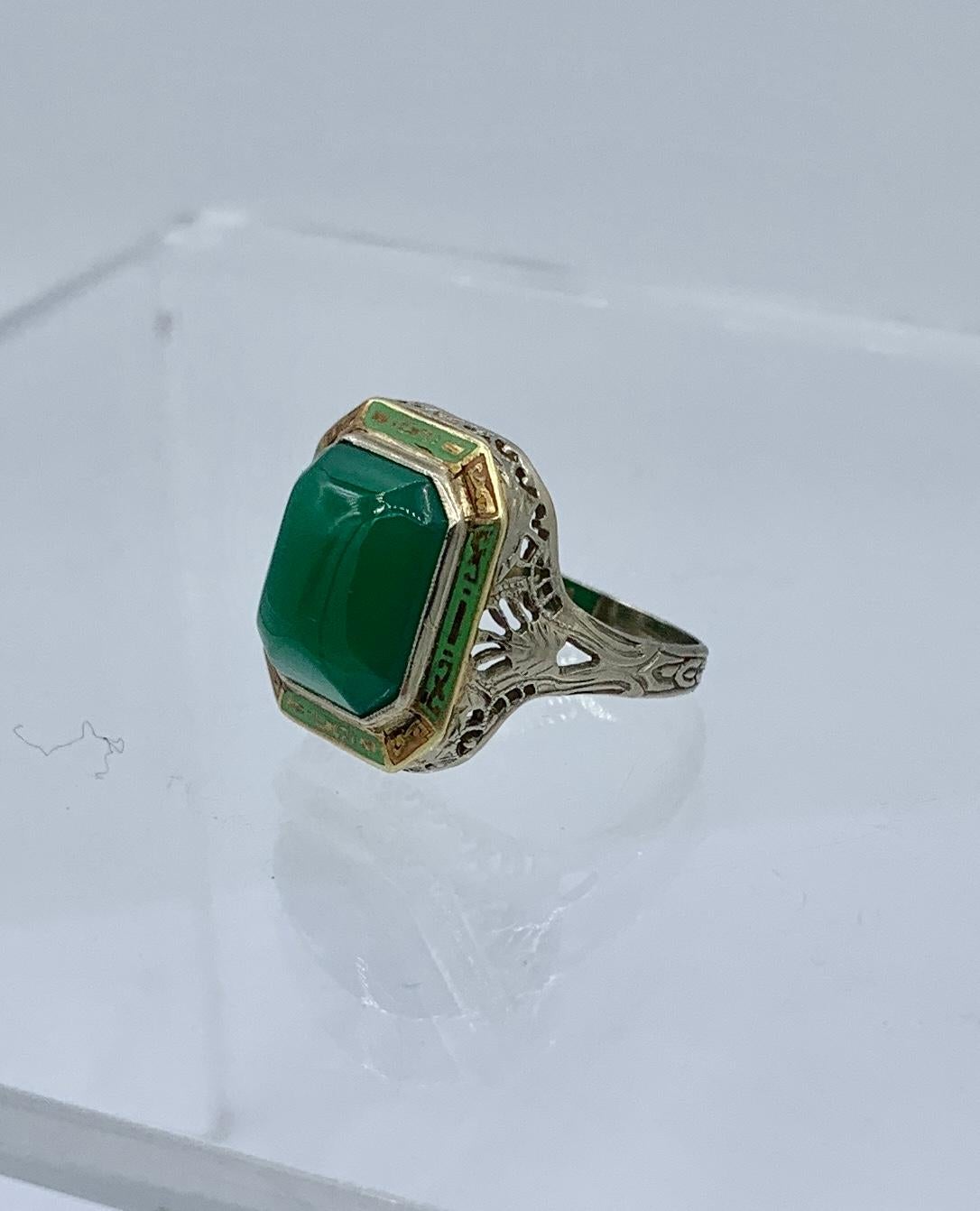 Art Deco Green Onyx Enamel Ring Antique 14 Karat White Gold Filigree For Sale 5