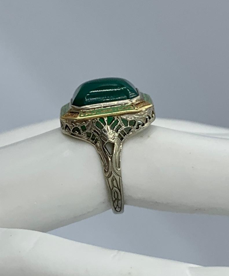 Art Deco Green Onyx Enamel Ring Antique 14 Karat White Gold Filigree For Sale 6