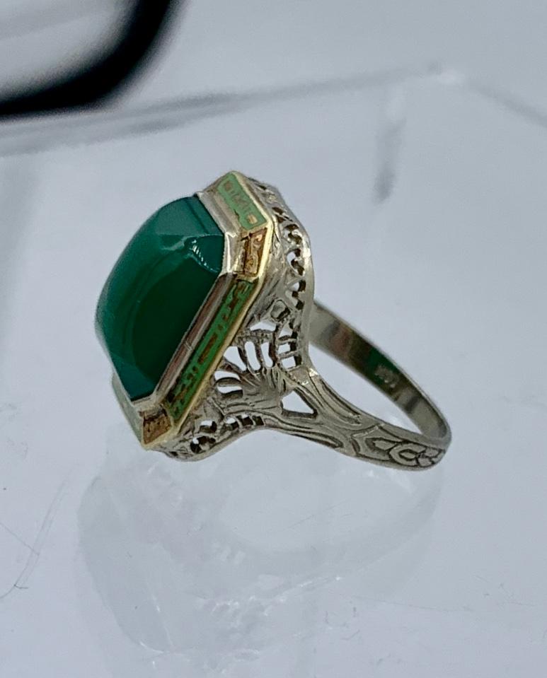 Women's Art Deco Green Onyx Enamel Ring Antique 14 Karat White Gold Filigree For Sale