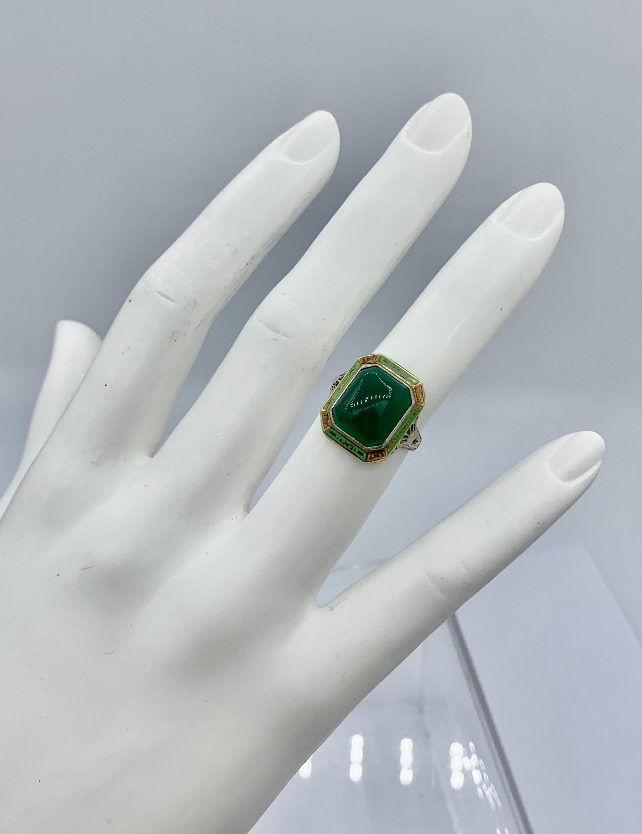 Art Deco Green Onyx Enamel Ring Antique 14 Karat White Gold Filigree For Sale 1