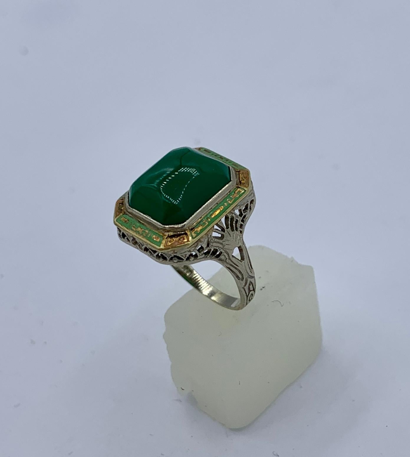 Art Deco Green Onyx Enamel Ring Antique 14 Karat White Gold Filigree For Sale 2