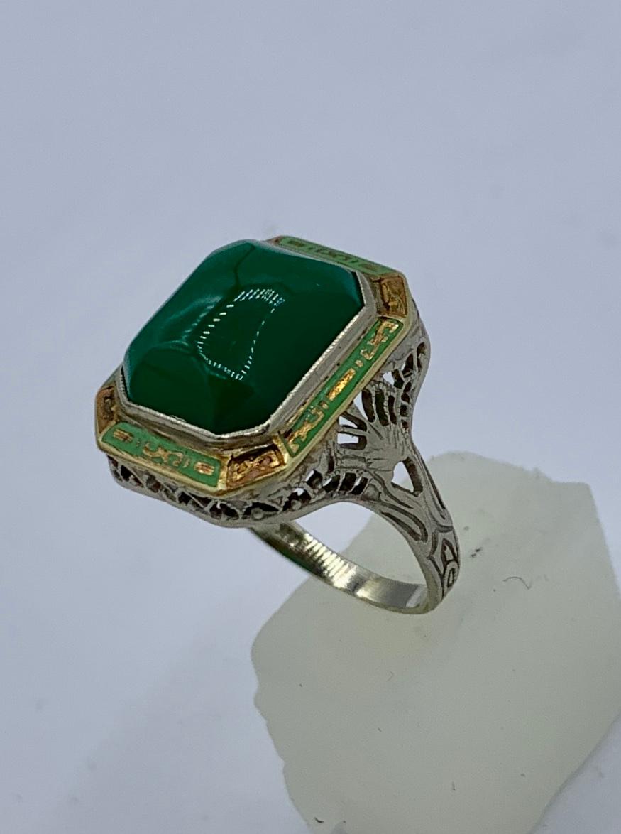 Art Deco Green Onyx Enamel Ring Antique 14 Karat White Gold Filigree For Sale 3
