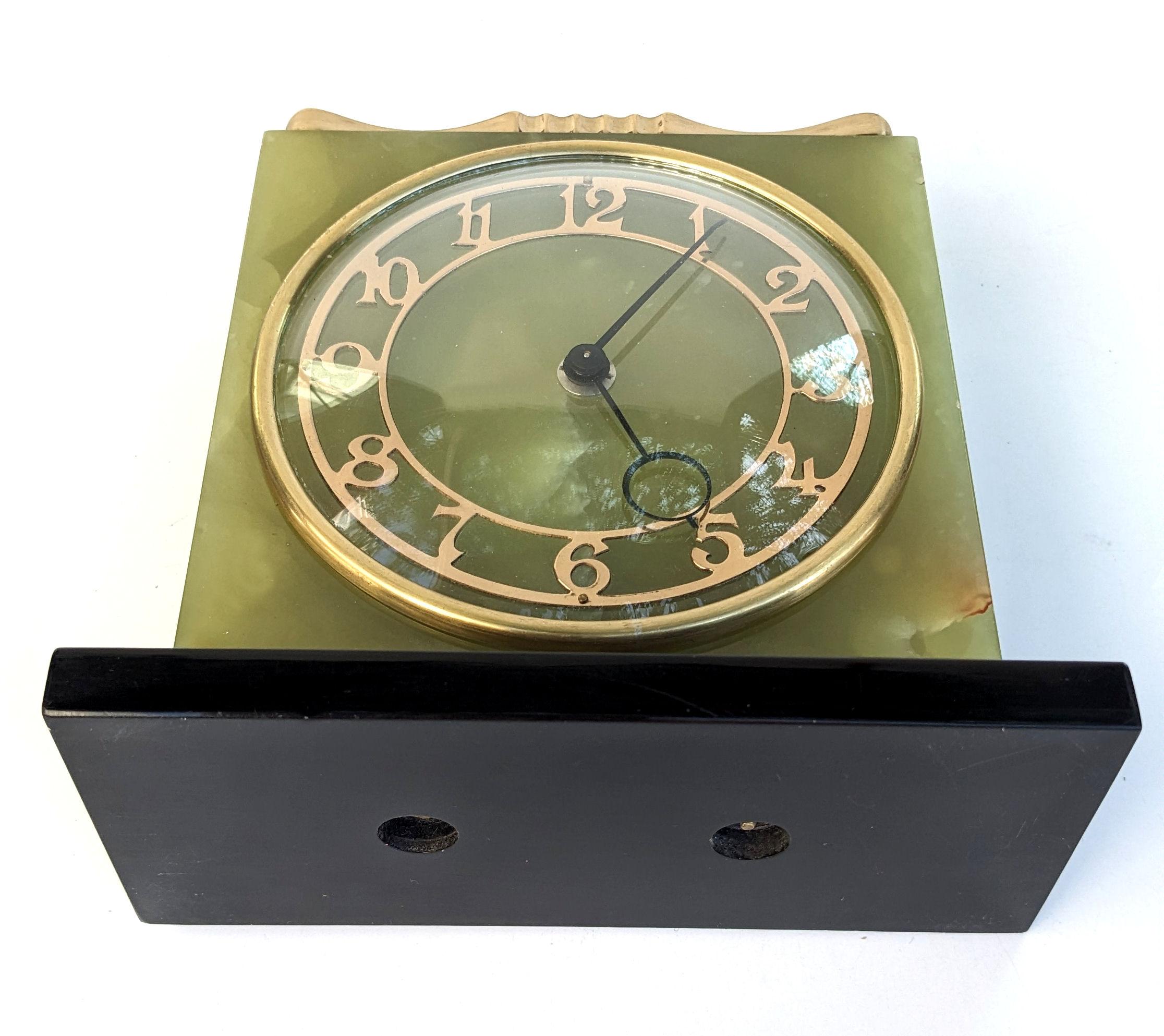 Art Deco Green Onyx & Marble Mantle Clock, c1930 1