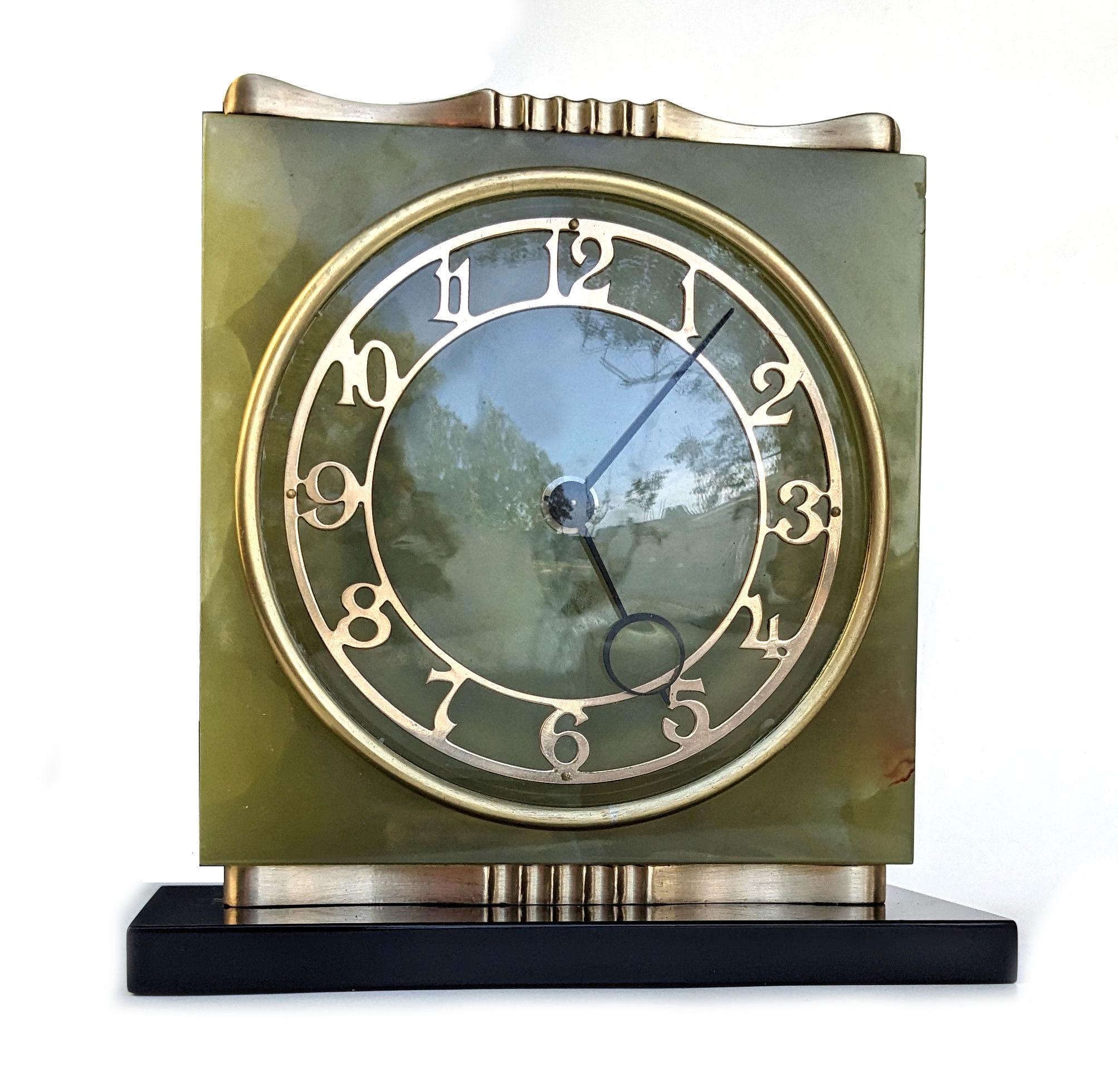 Art Deco Green Onyx & Marble Mantle Clock, c1930 2
