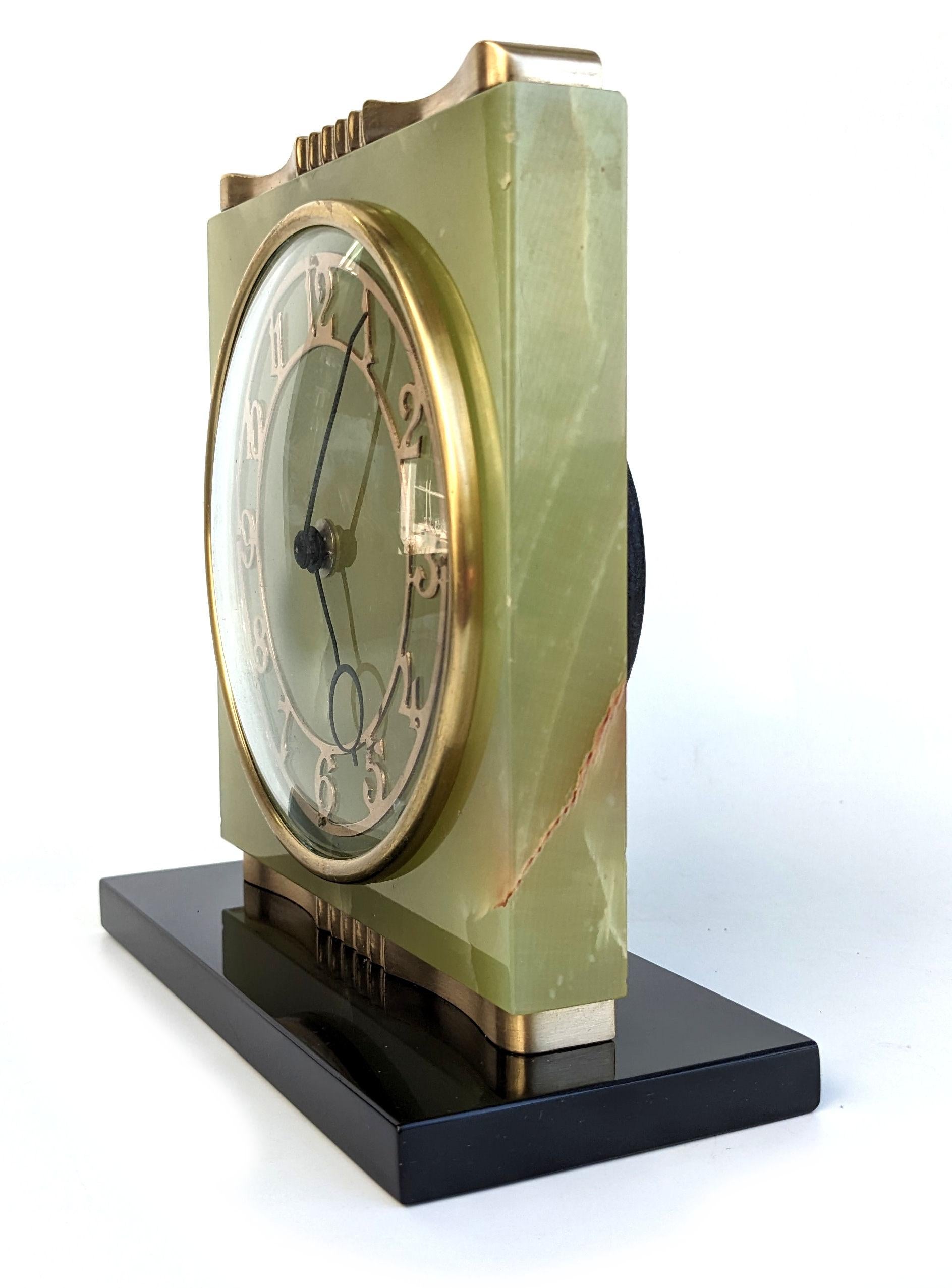 20th Century Art Deco Green Onyx & Marble Mantle Clock, c1930