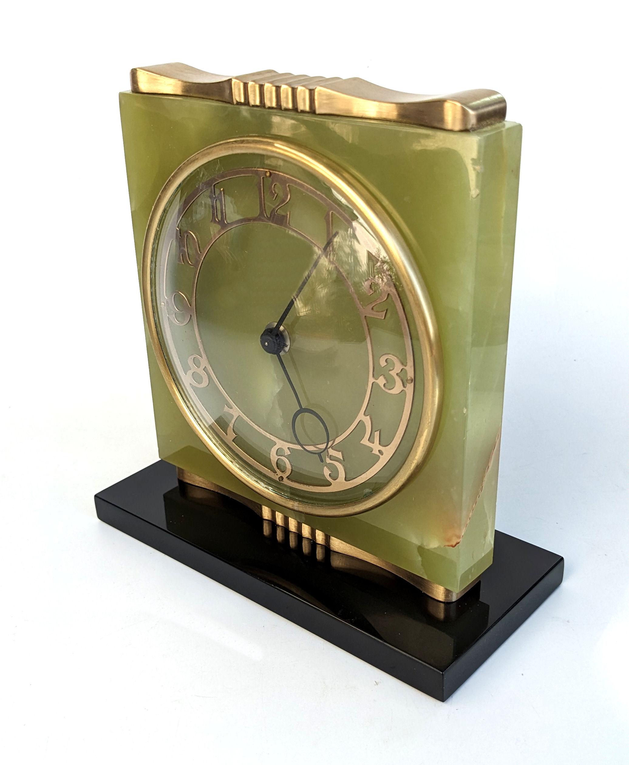 Brass Art Deco Green Onyx & Marble Mantle Clock, c1930