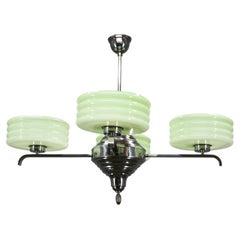Art Deco Green Opaline Glass Chandelier, Czechoslovakia 1930s
