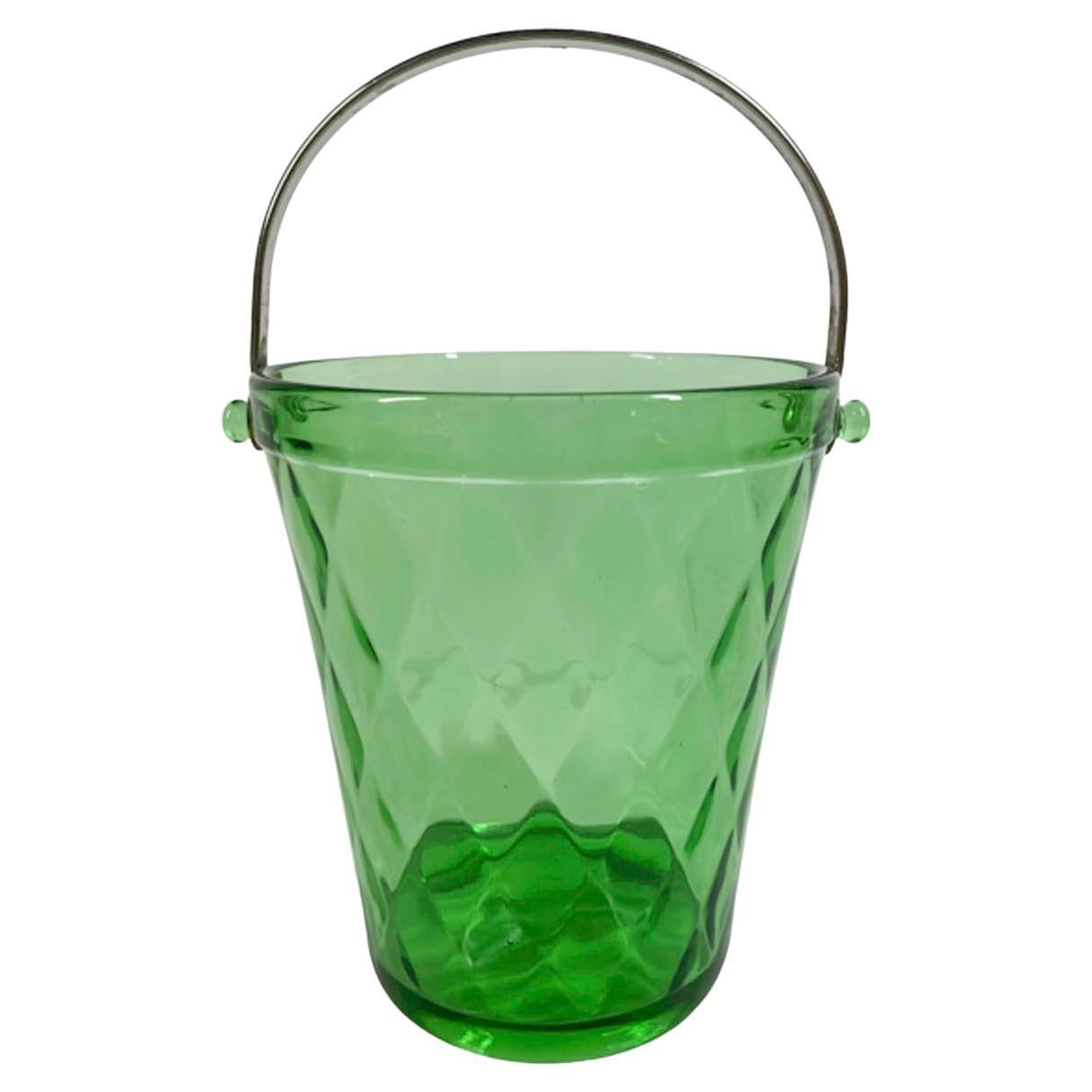 Art Deco Green Optic Diamond Glass Ice Bucket by Fenton Glass For Sale