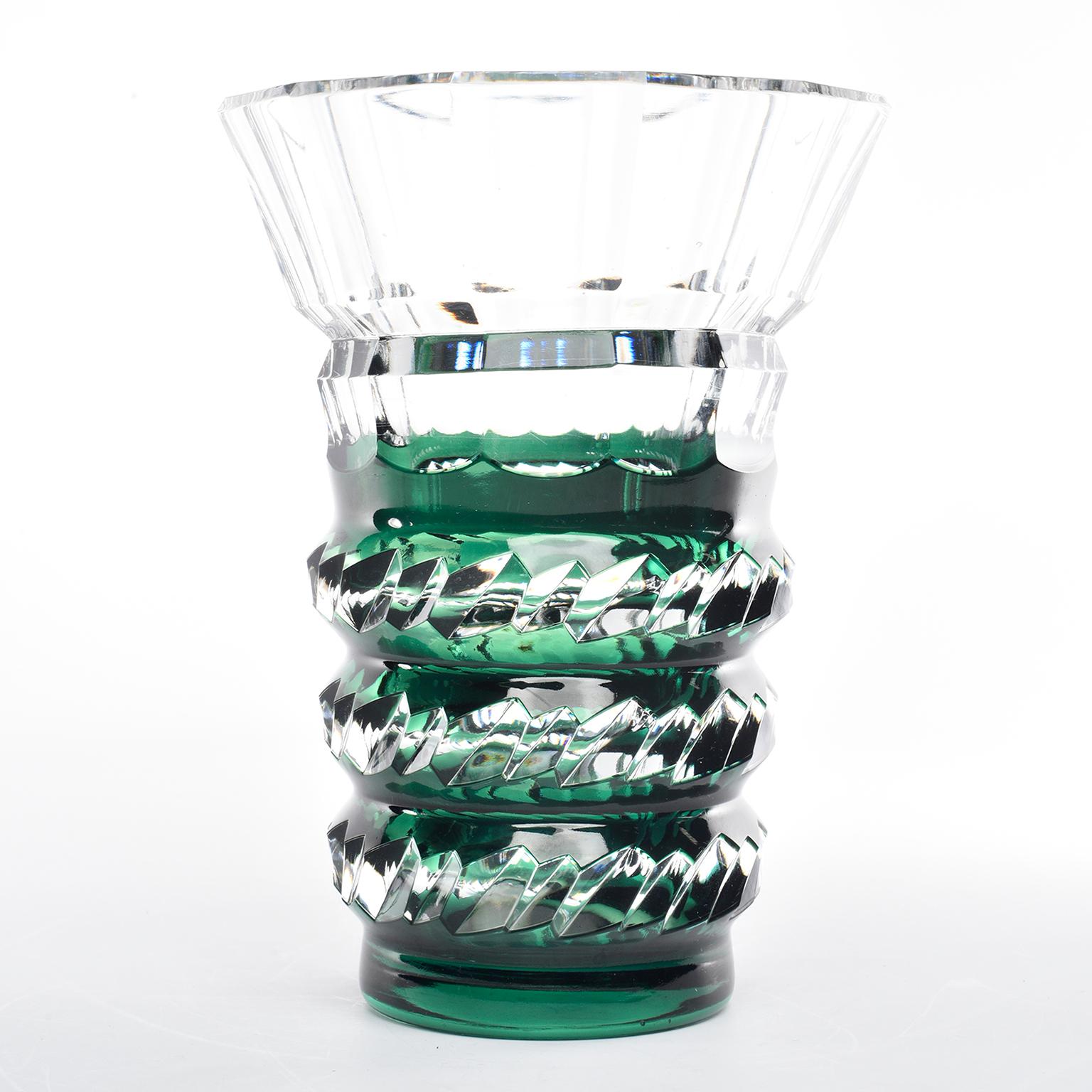 Art Deco Green over Crystal Vase Charles Graffart Attributed for Val St. Lambert In Good Condition In Troy, MI