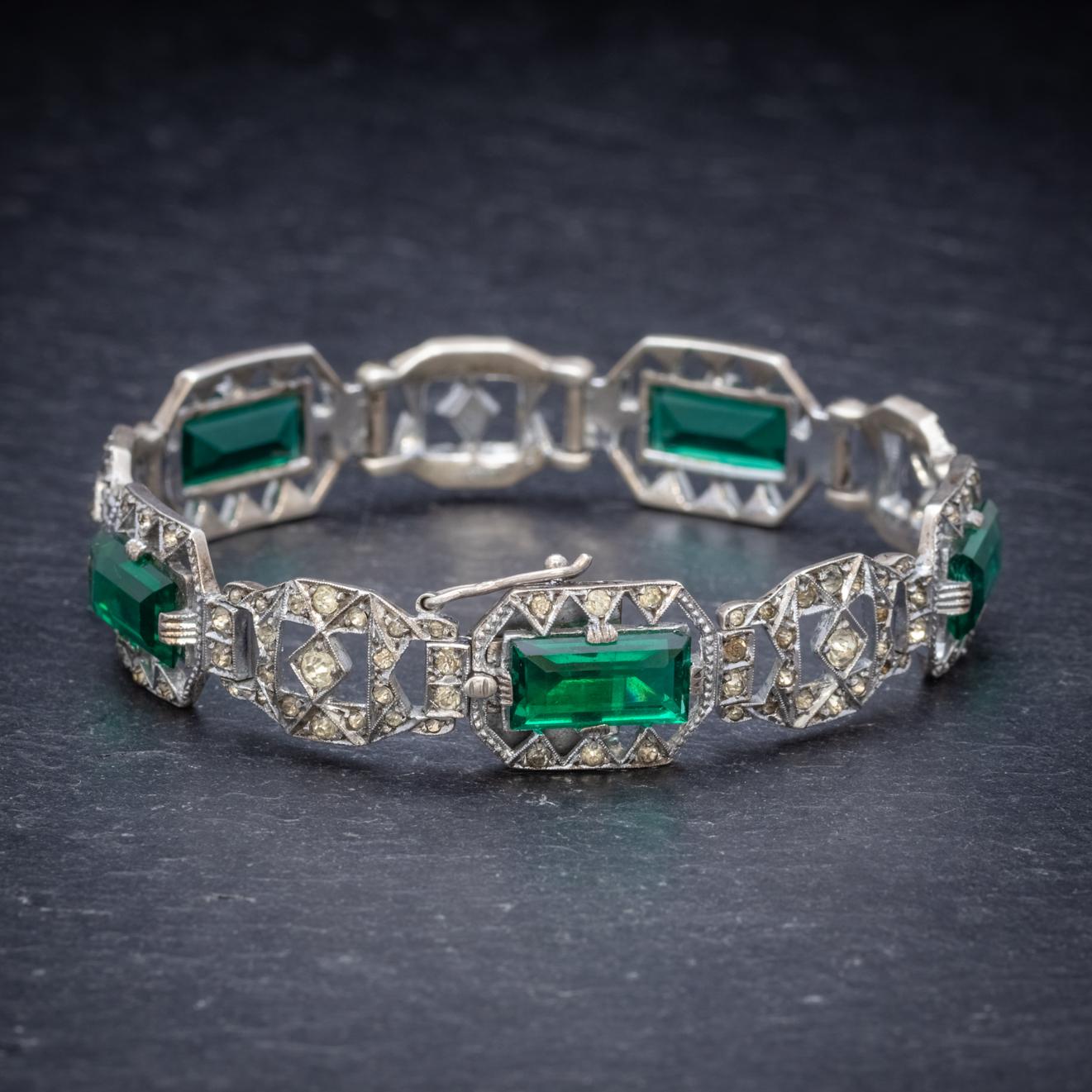 Art Deco Green Paste Stone Sterling Silver circa 1920 Bracelet  In Good Condition For Sale In Lancaster , GB