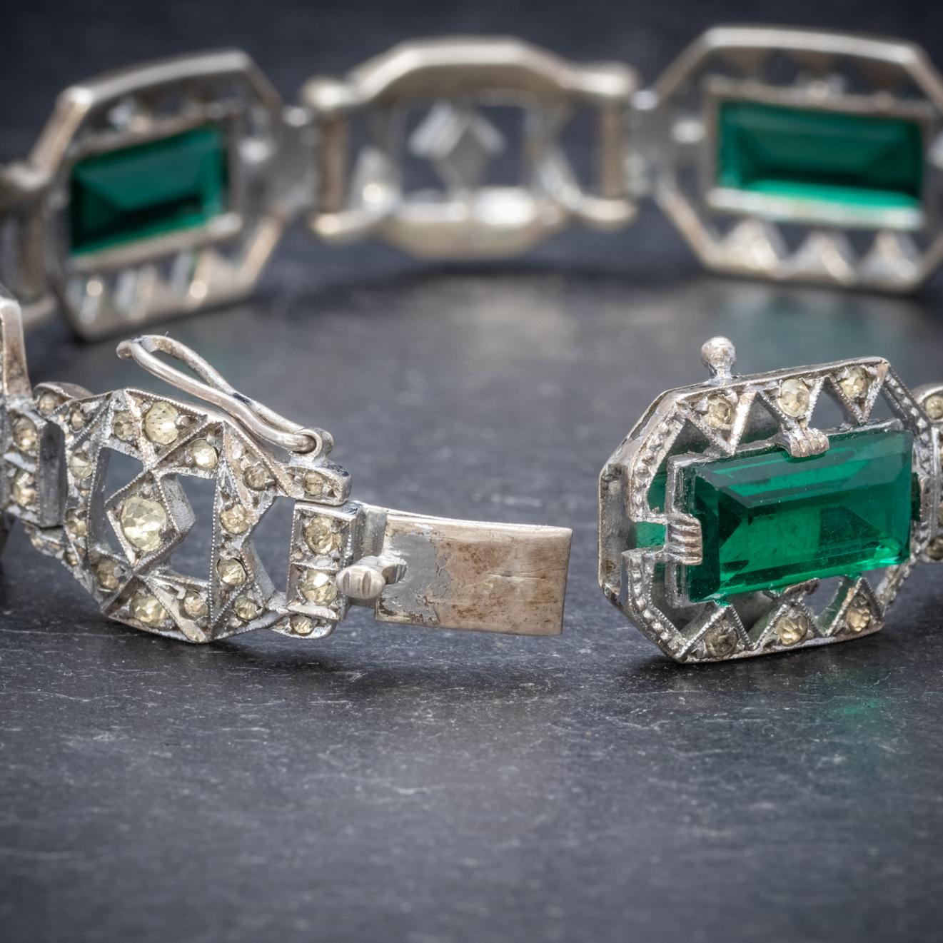 Women's Art Deco Green Paste Stone Sterling Silver circa 1920 Bracelet  For Sale
