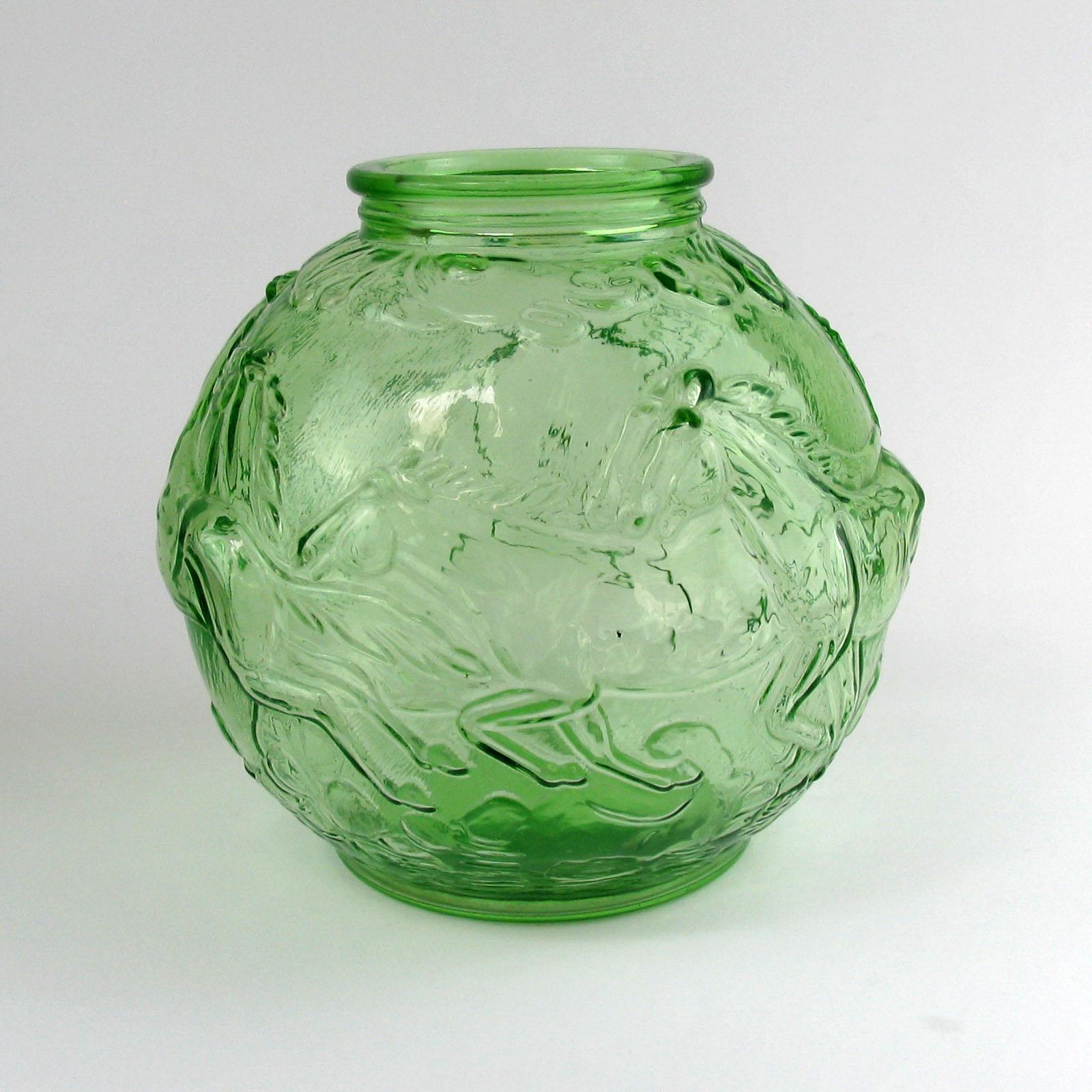 Blown Glass Edvin Ollers for Elme, Round Art Deco Vase with Galloping Horses For Sale