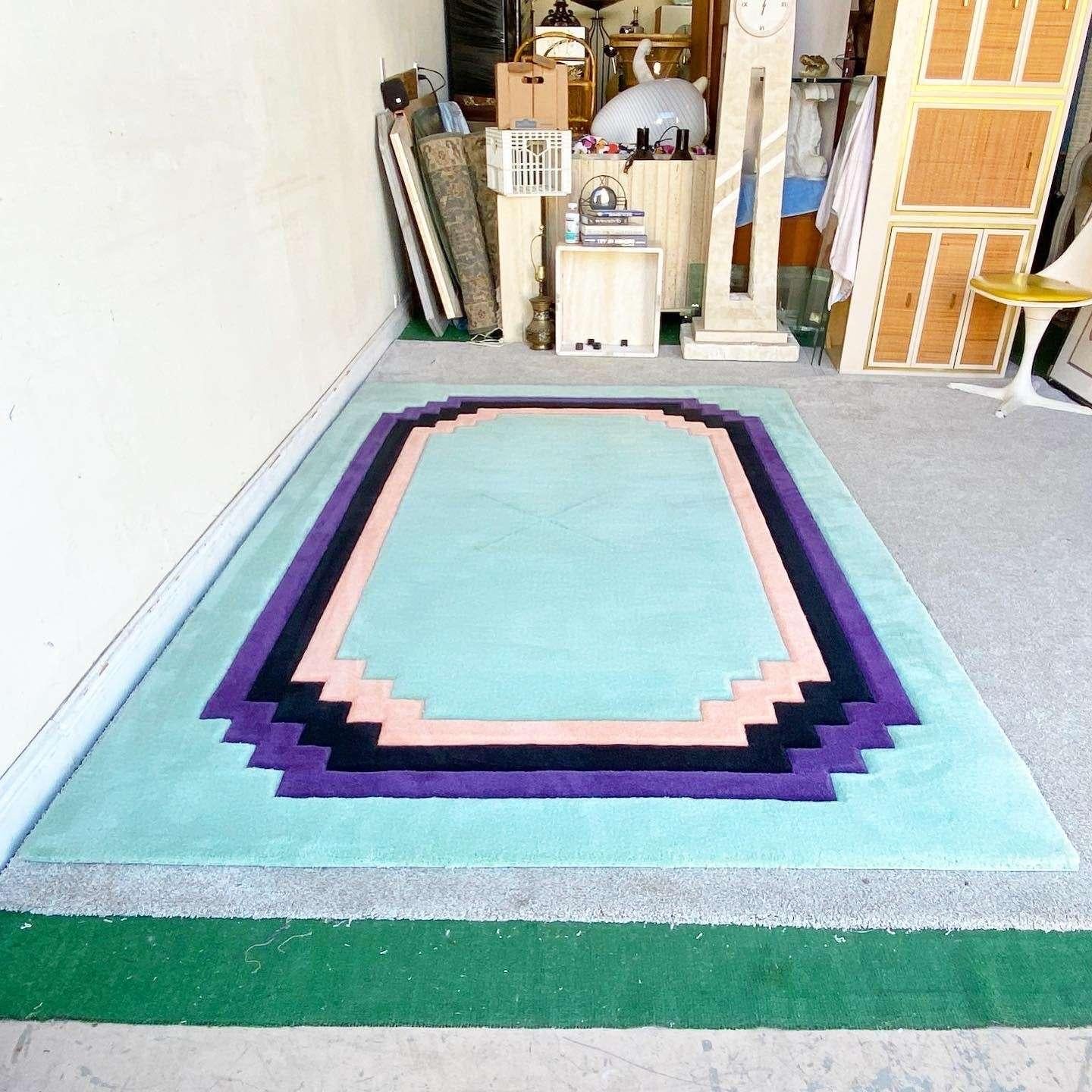 American Art Deco Green Purple Pink and Black Rectangular Area Rug For Sale