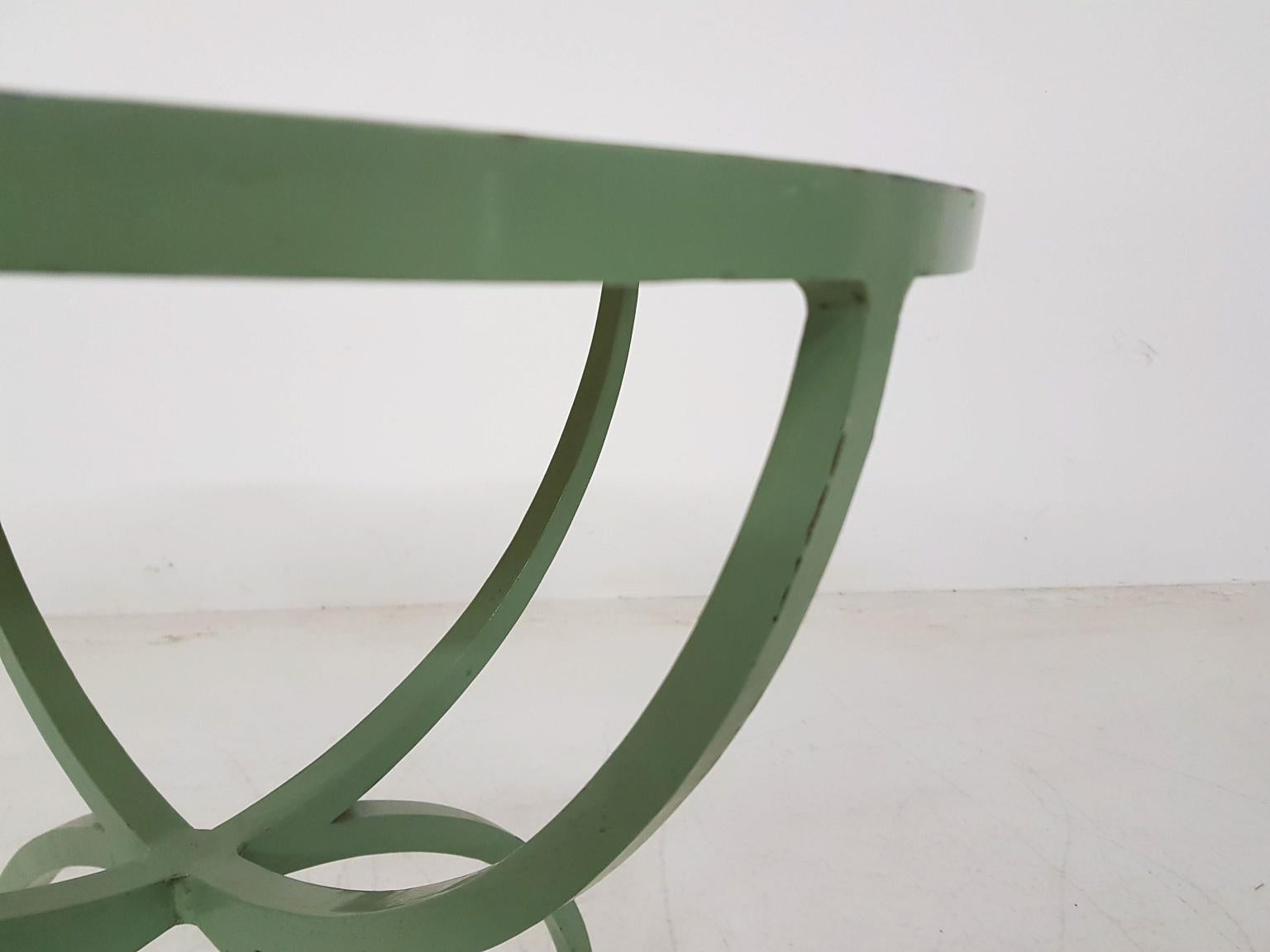Art Deco Green Round Metal and Glass Side Table, France, 1930s 6