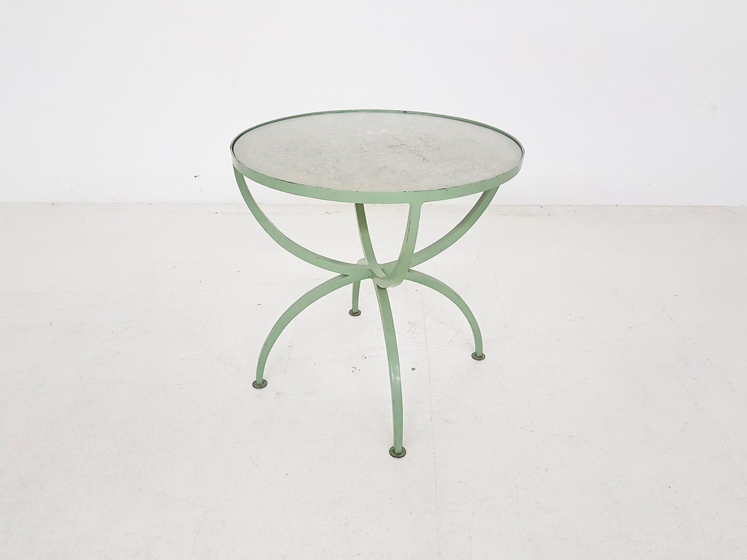French Art Deco Green Round Metal and Glass Side Table, France, 1930s