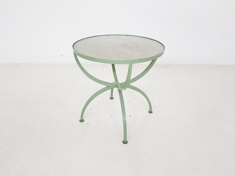 French Art Deco Green Round Metal and Glass Side Table, France, 1930s For Sale