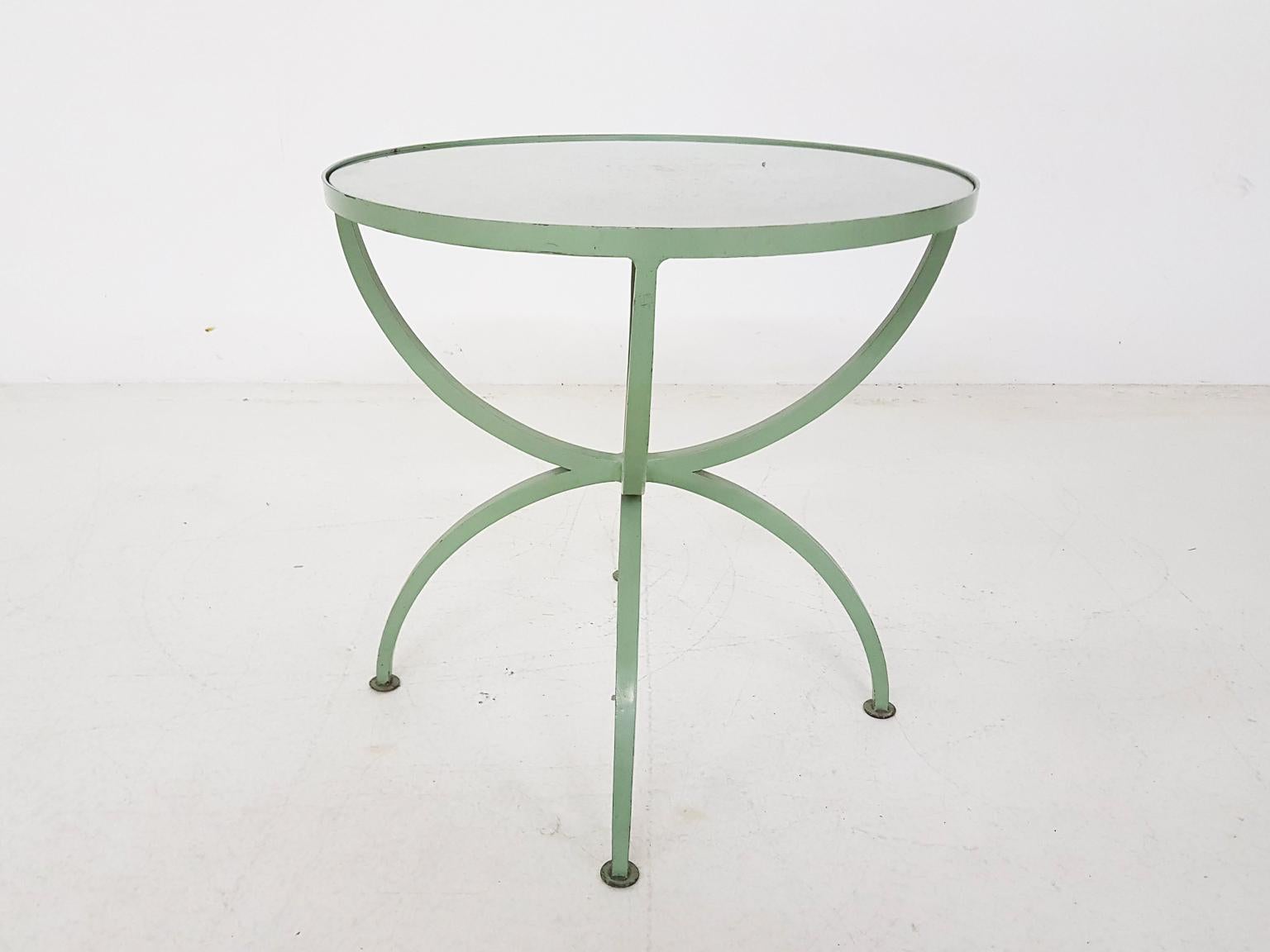 Art Deco Green Round Metal and Glass Side Table, France, 1930s In Good Condition In Amsterdam, NL