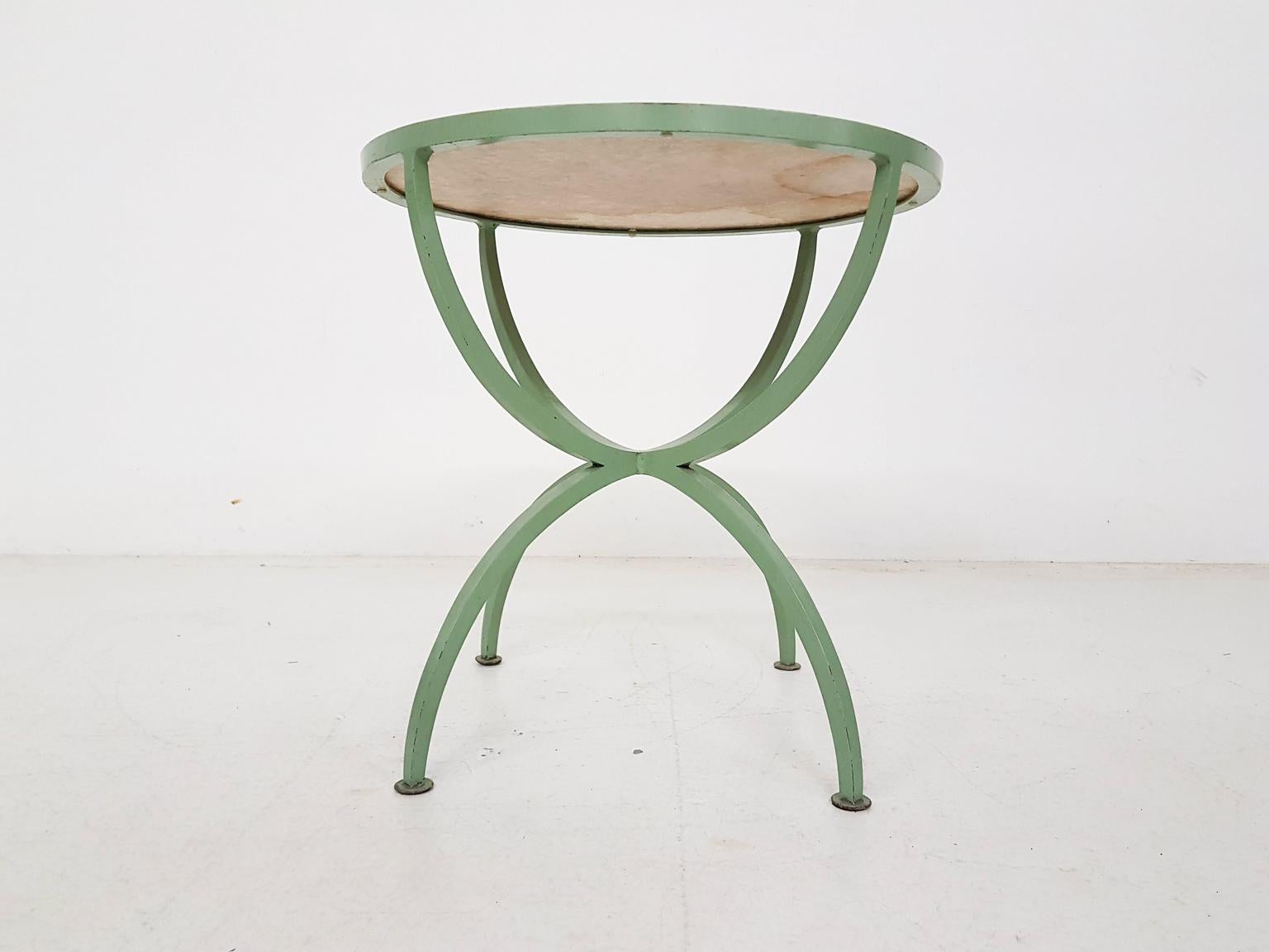 Mid-20th Century Art Deco Green Round Metal and Glass Side Table, France, 1930s