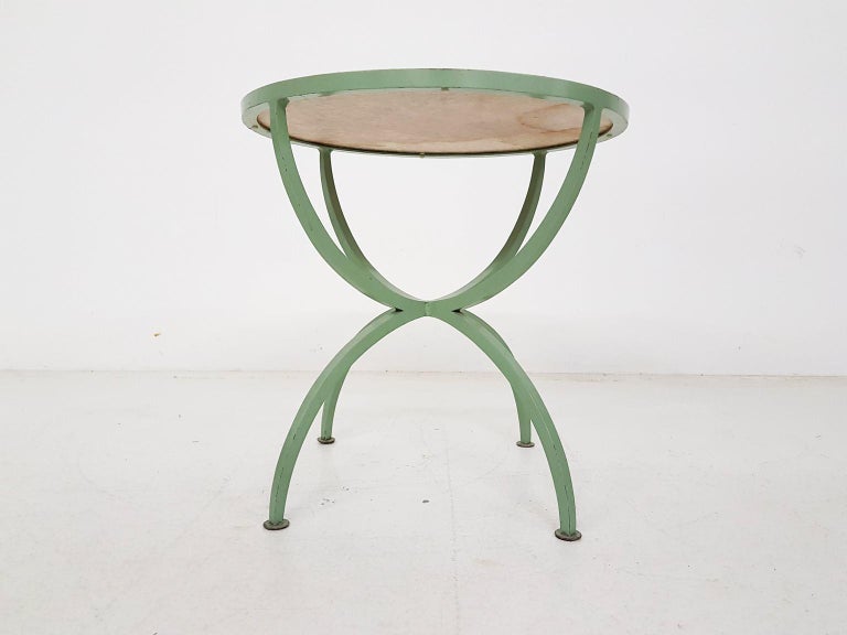 Mid-20th Century Art Deco Green Round Metal and Glass Side Table, France, 1930s For Sale
