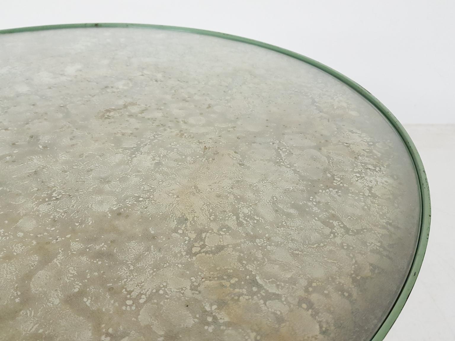 Art Deco Green Round Metal and Glass Side Table, France, 1930s 3