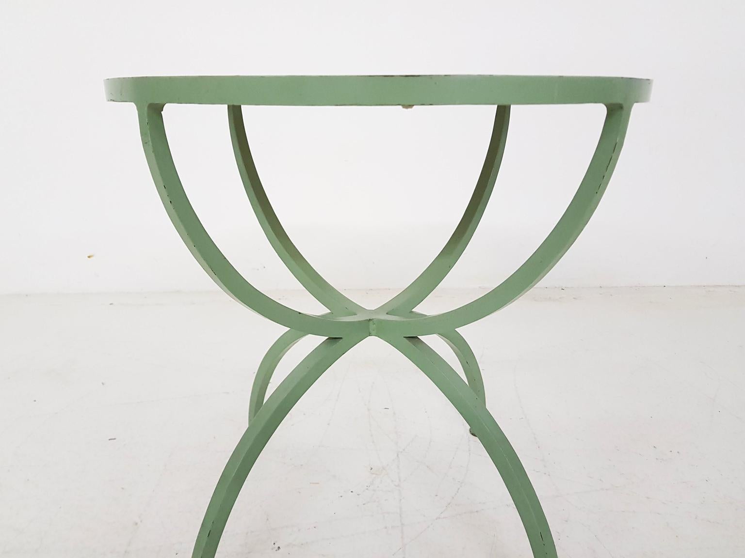 Art Deco Green Round Metal and Glass Side Table, France, 1930s 4