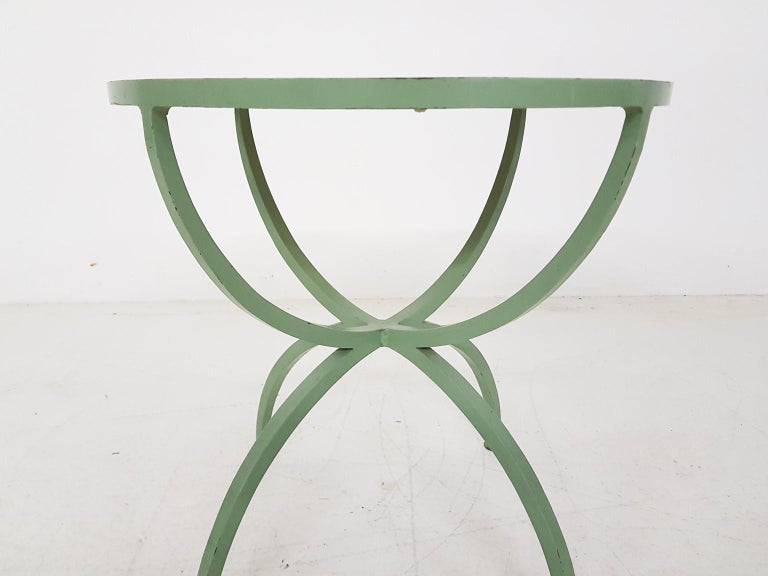 Art Deco Green Round Metal and Glass Side Table, France, 1930s For Sale 4