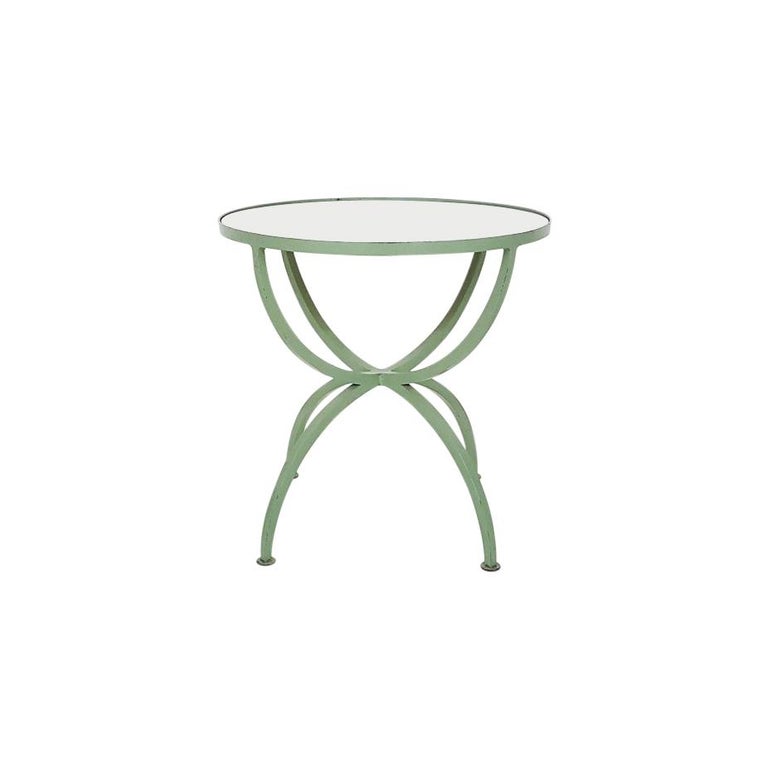 Art Deco Green Round Metal and Glass Side Table, France, 1930s For Sale