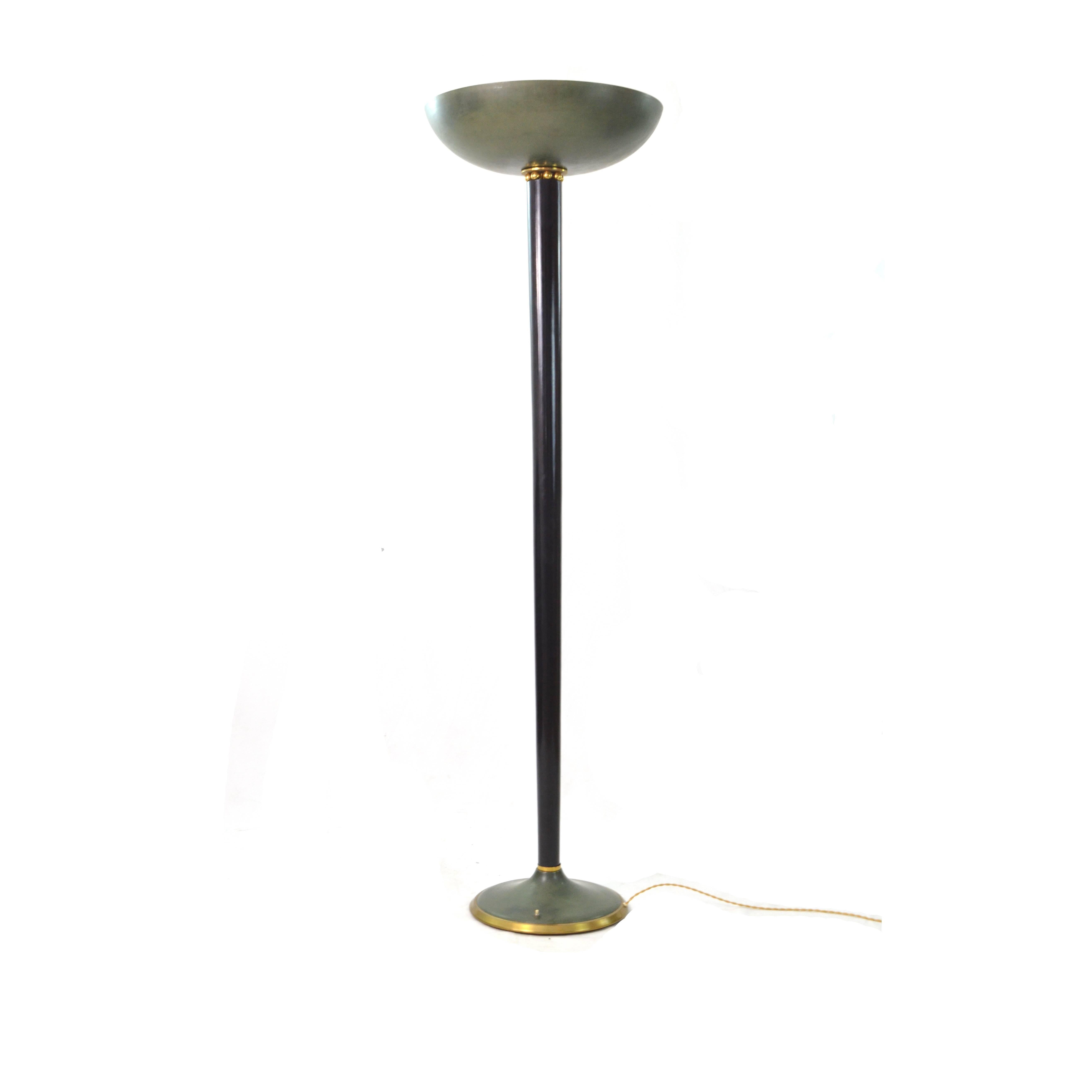 1930s Art Deco French floor lamp very elegant and fine with brass marbles crown detail and dark green lacquered lampshade. Rewired and restored in conservative way in the wooden part which remain dark  chocolate color. During the restoration we