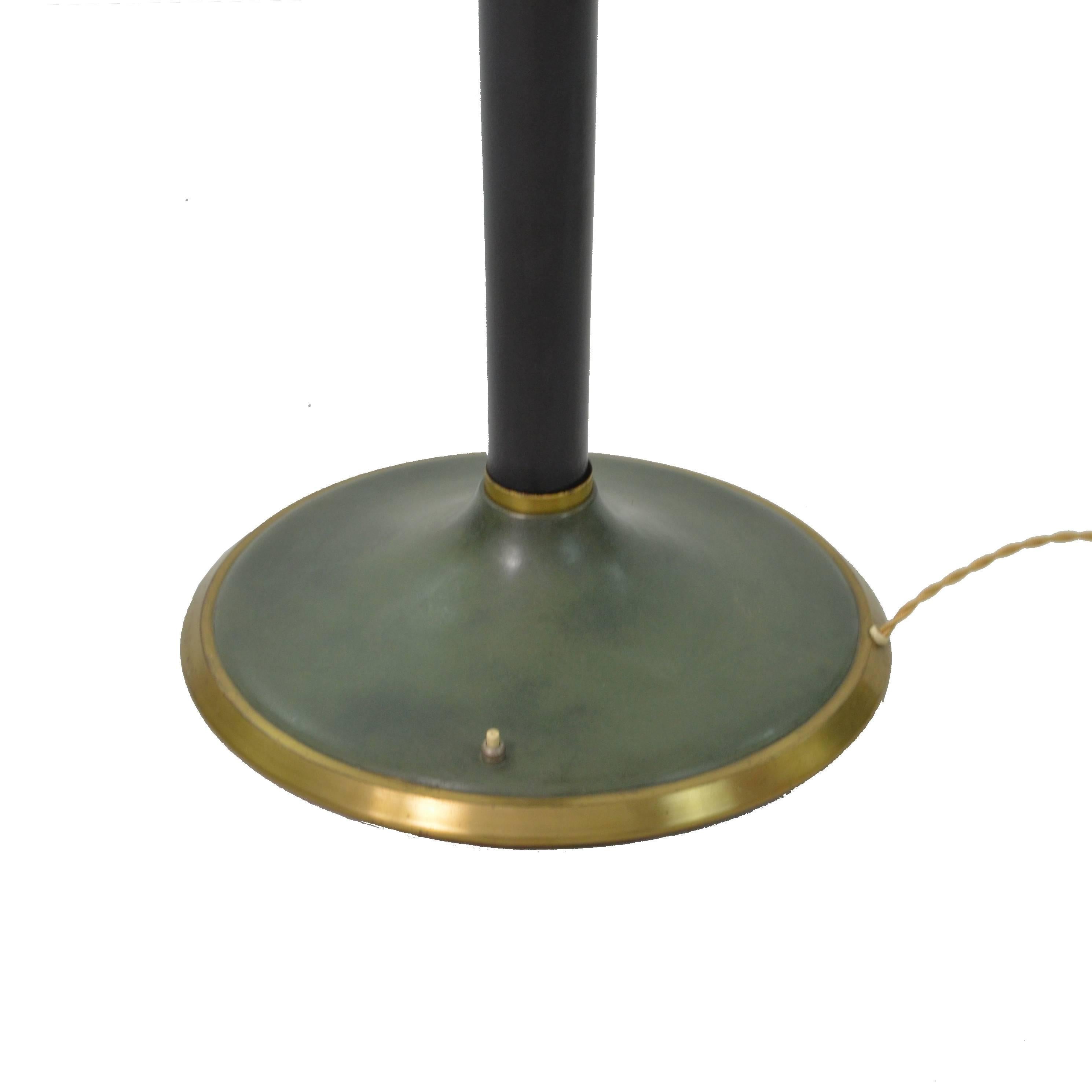 French Art Deco Green Rounded Shade Golden Brass detail Floor Lamp, France 1930s 