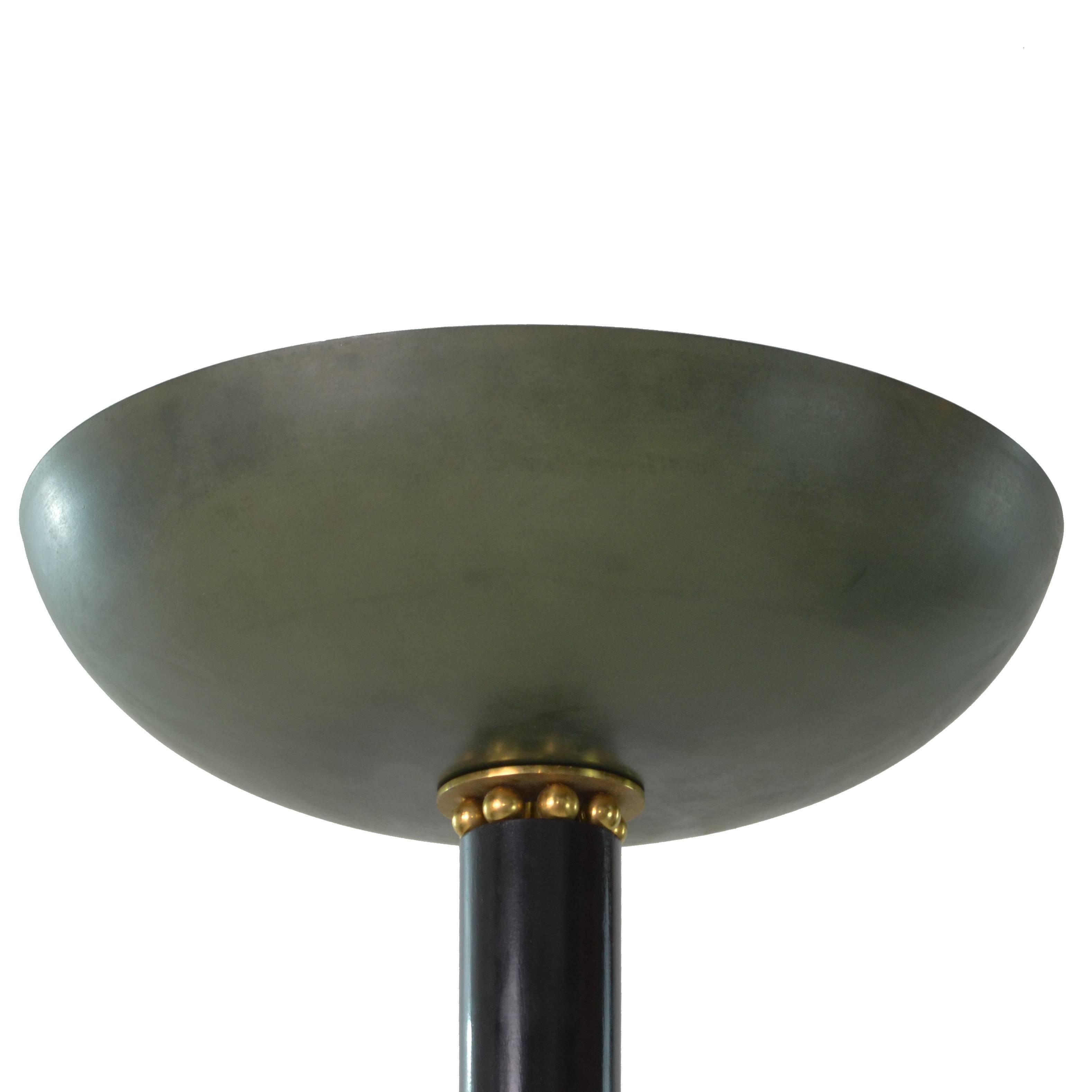 Ebonized Art Deco Green Rounded Shade Golden Brass detail Floor Lamp, France 1930s 